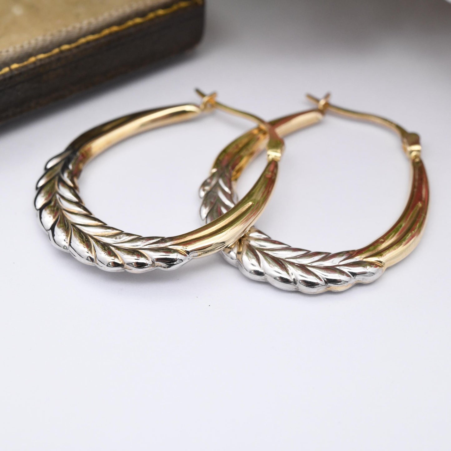Vintage 9ct Gold Hoop Earrings Laurel Leaves Wreath Design - Large Hollow Hoops | Two-Tone Yellow and White Gold