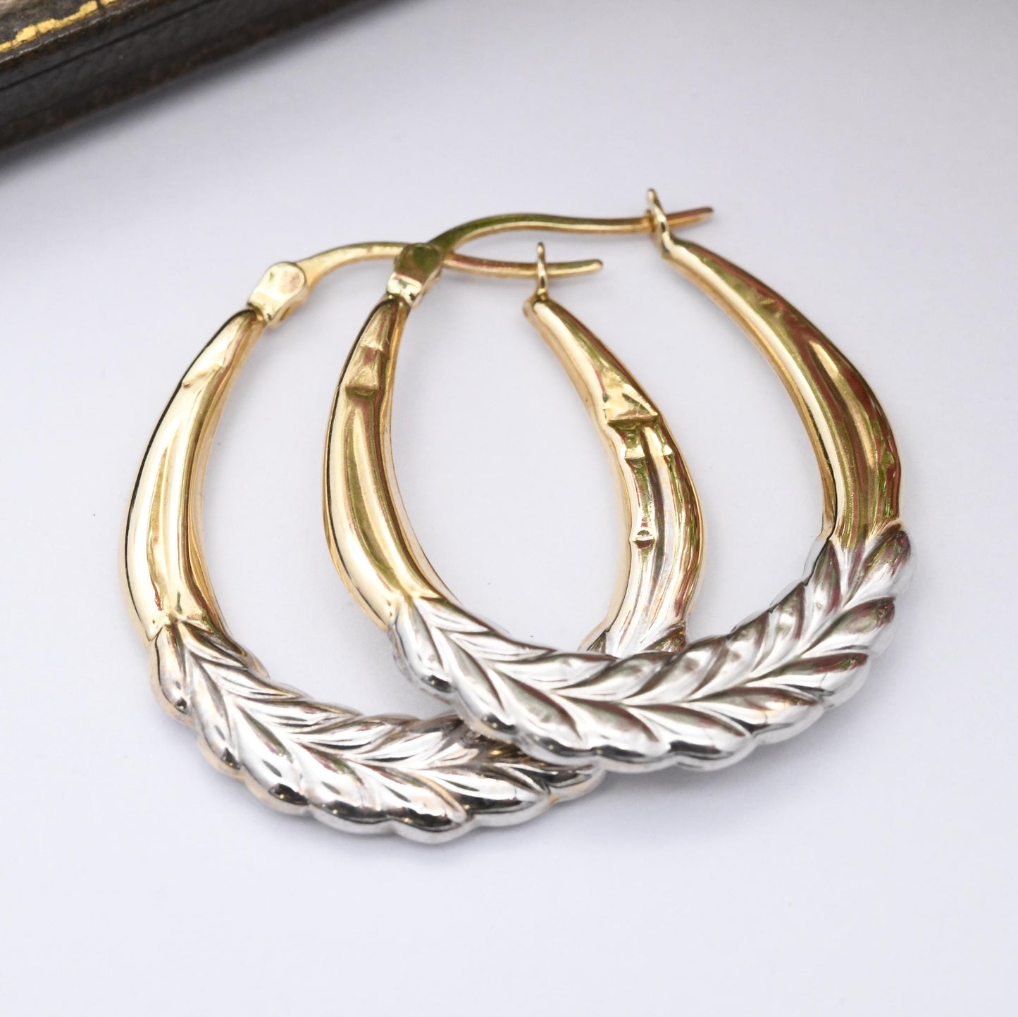 Vintage 9ct Gold Hoop Earrings Laurel Leaves Wreath Design - Large Hollow Hoops | Two-Tone Yellow and White Gold