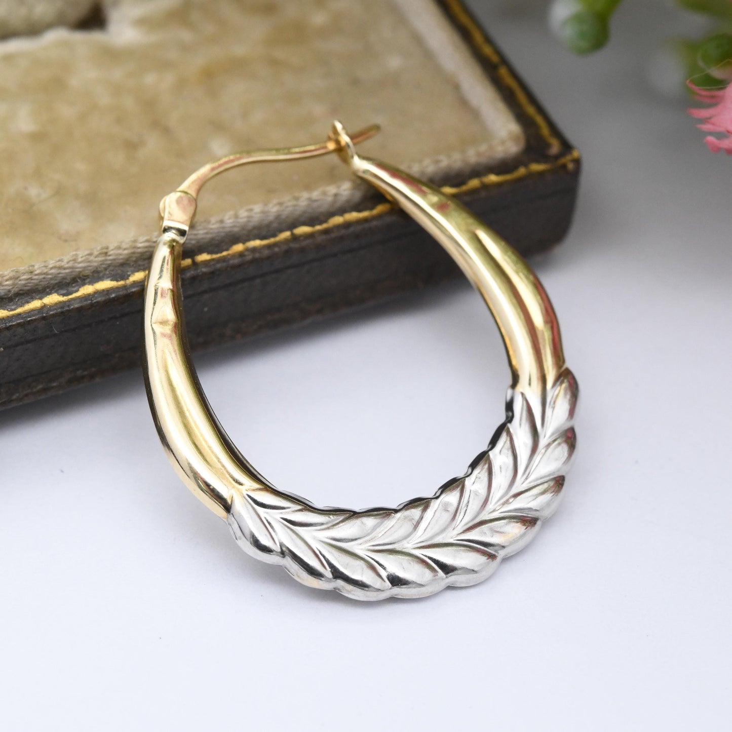 Vintage 9ct Gold Hoop Earrings Laurel Leaves Wreath Design - Large Hollow Hoops | Two-Tone Yellow and White Gold