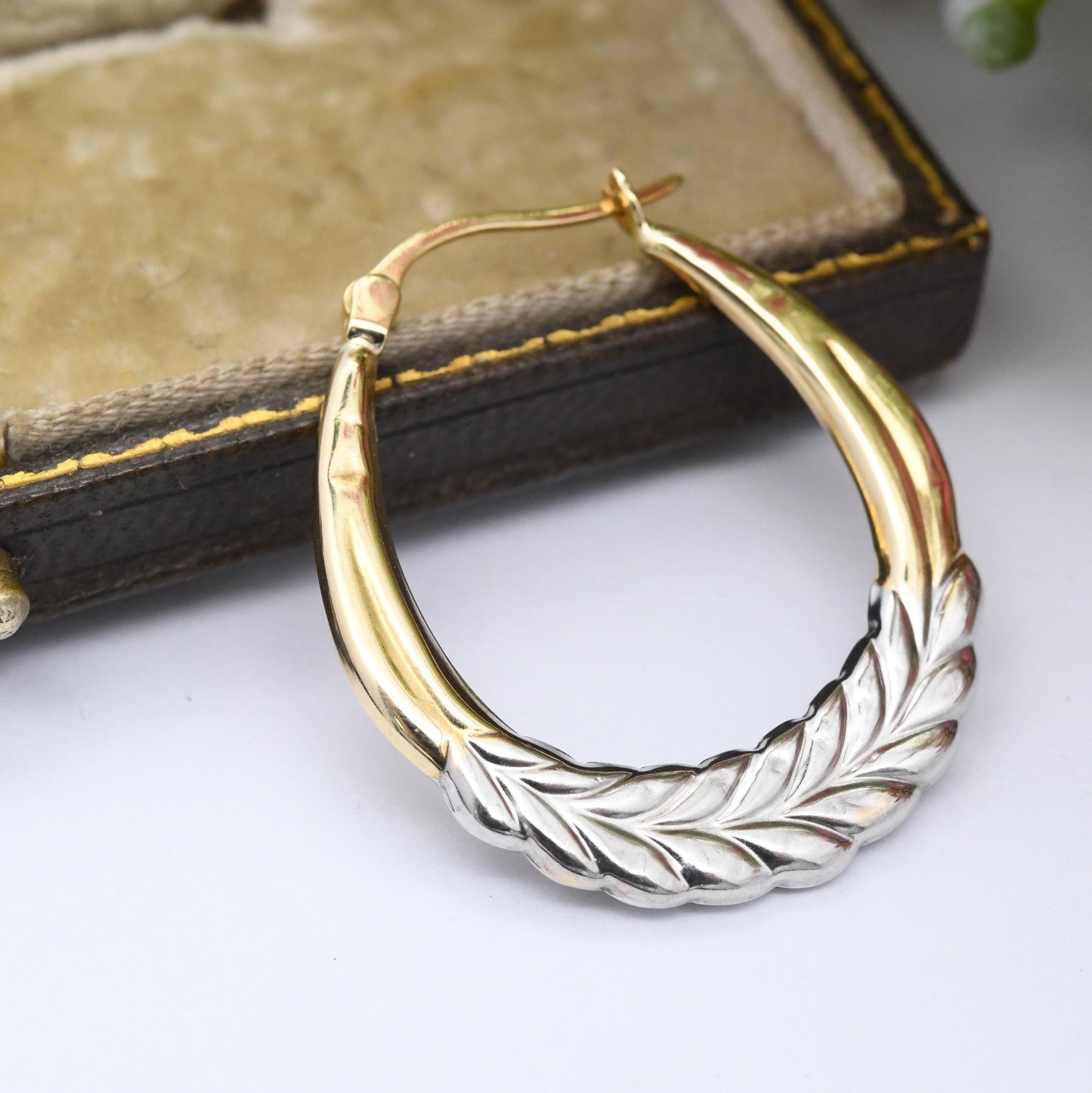 Vintage 9ct Gold Hoop Earrings Laurel Leaves Wreath Design - Large Hollow Hoops | Two-Tone Yellow and White Gold