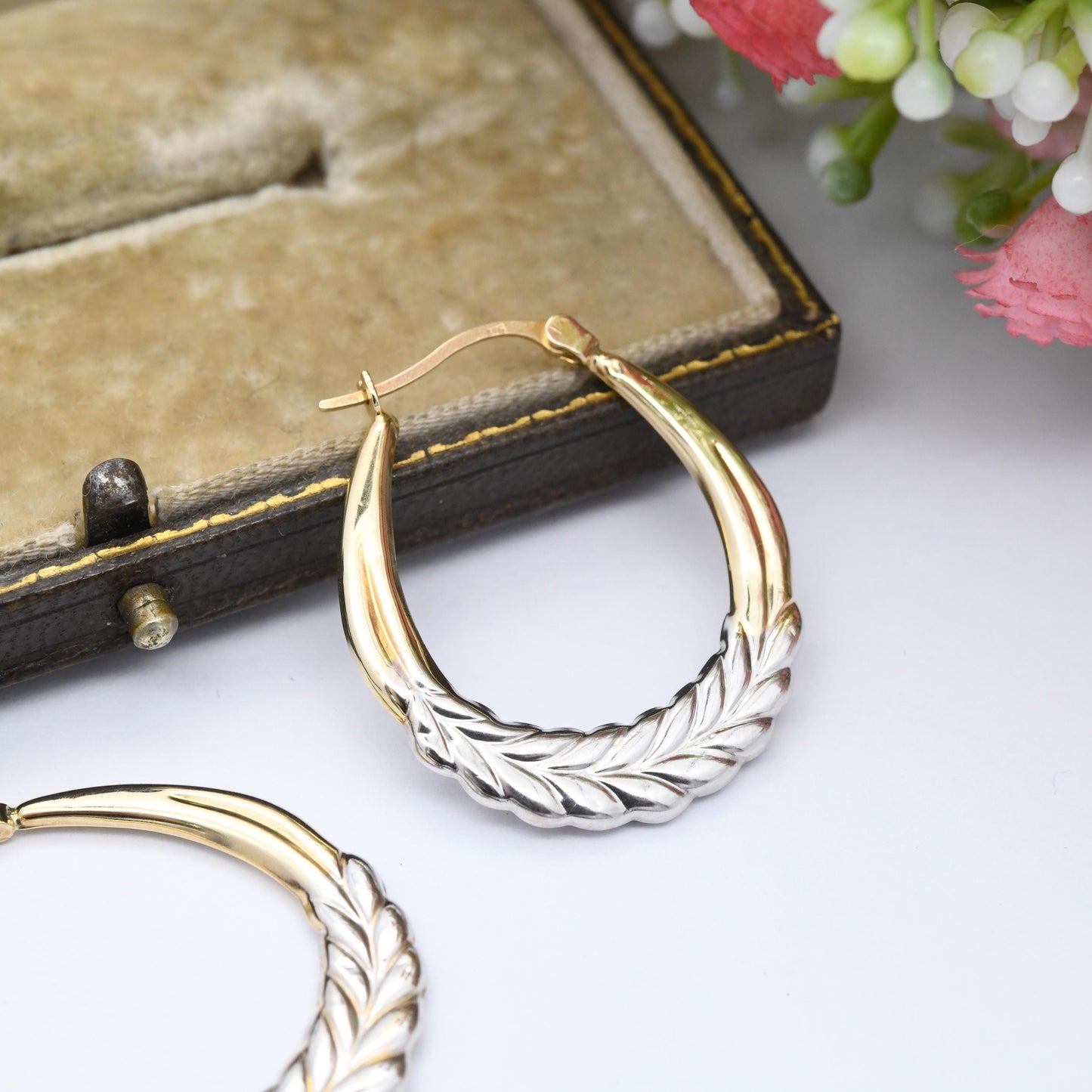 Vintage 9ct Gold Hoop Earrings Laurel Leaves Wreath Design - Large Hollow Hoops | Two-Tone Yellow and White Gold