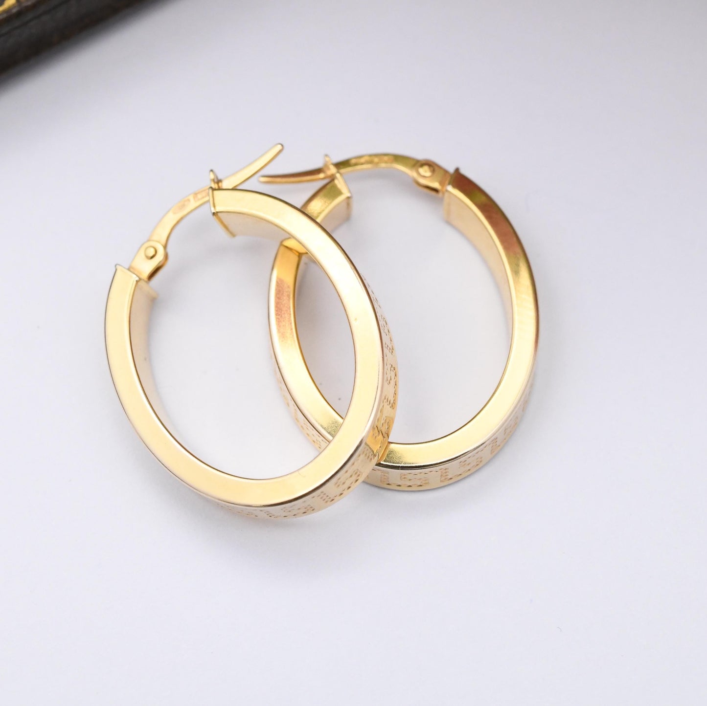 Vintage 9ct Gold Hoop Earrings with Meander Design - Chunky Hollow Hoops Oval Greek Key Pattern Geometric Maze | Gold Gift for Her