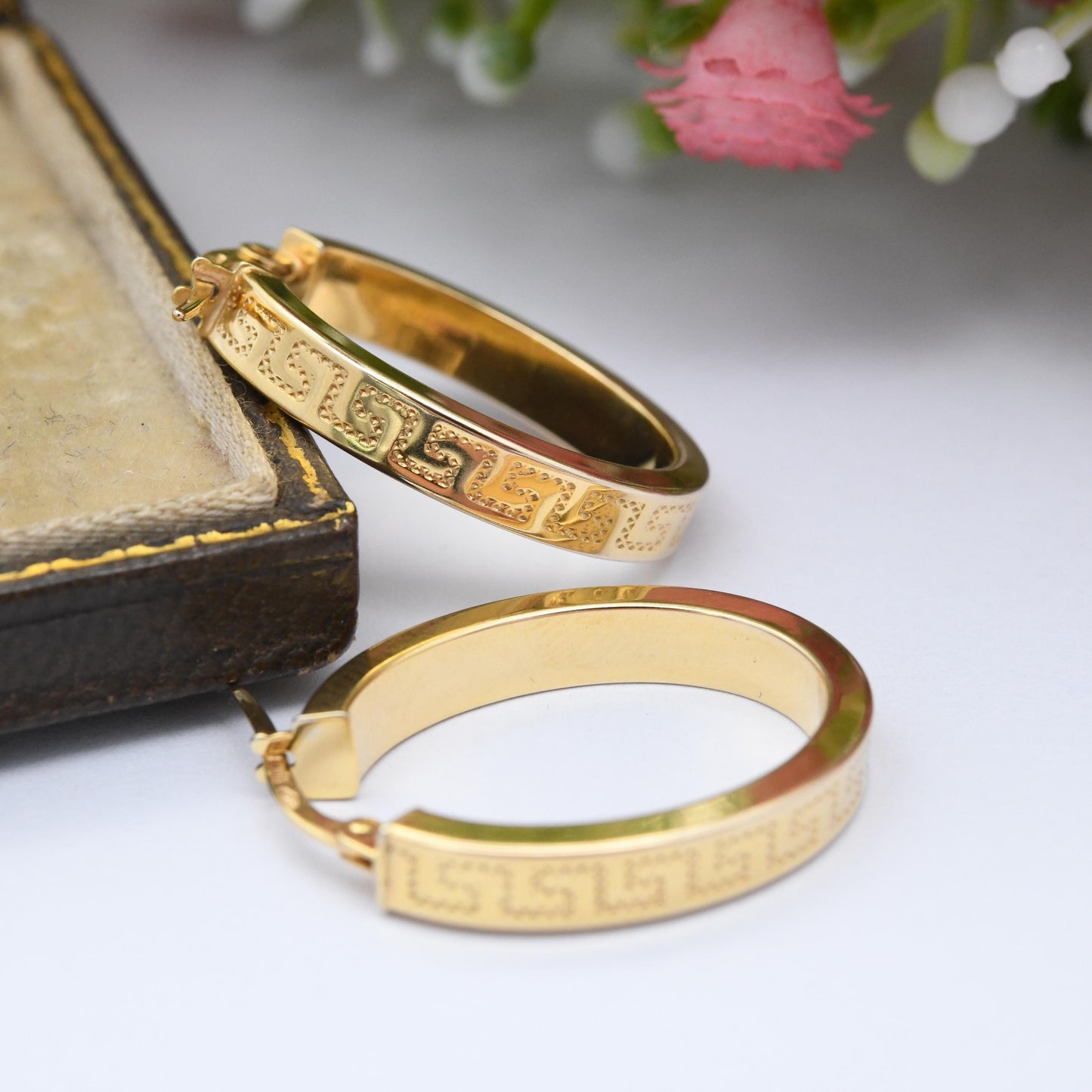 Vintage 9ct Gold Hoop Earrings with Meander Design - Chunky Hollow Hoops Oval Greek Key Pattern Geometric Maze | Gold Gift for Her