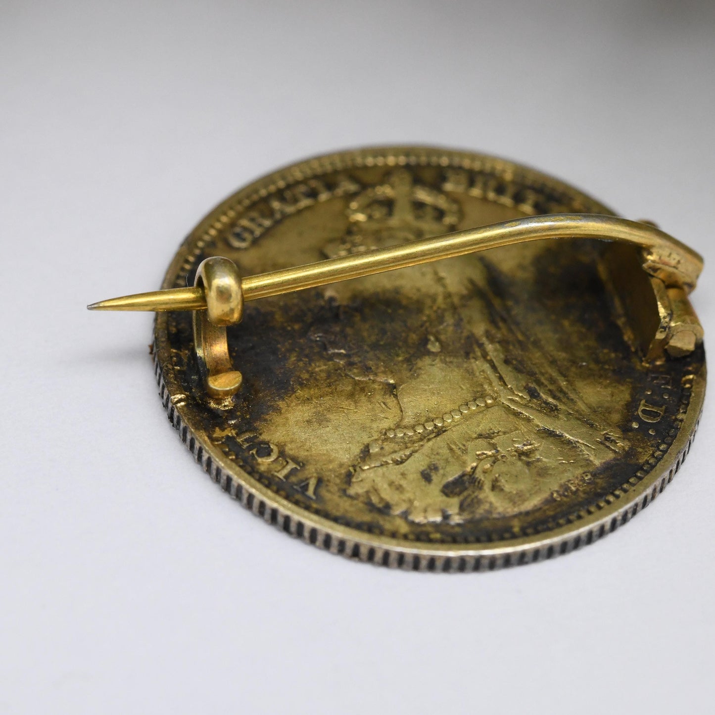 Antique Sterling Silver 1887 Victoria One Shilling Coin Brooch - Colourful Enamel Coin Jewellery | Honi Soit Qui Mal Y Pense Shield Design