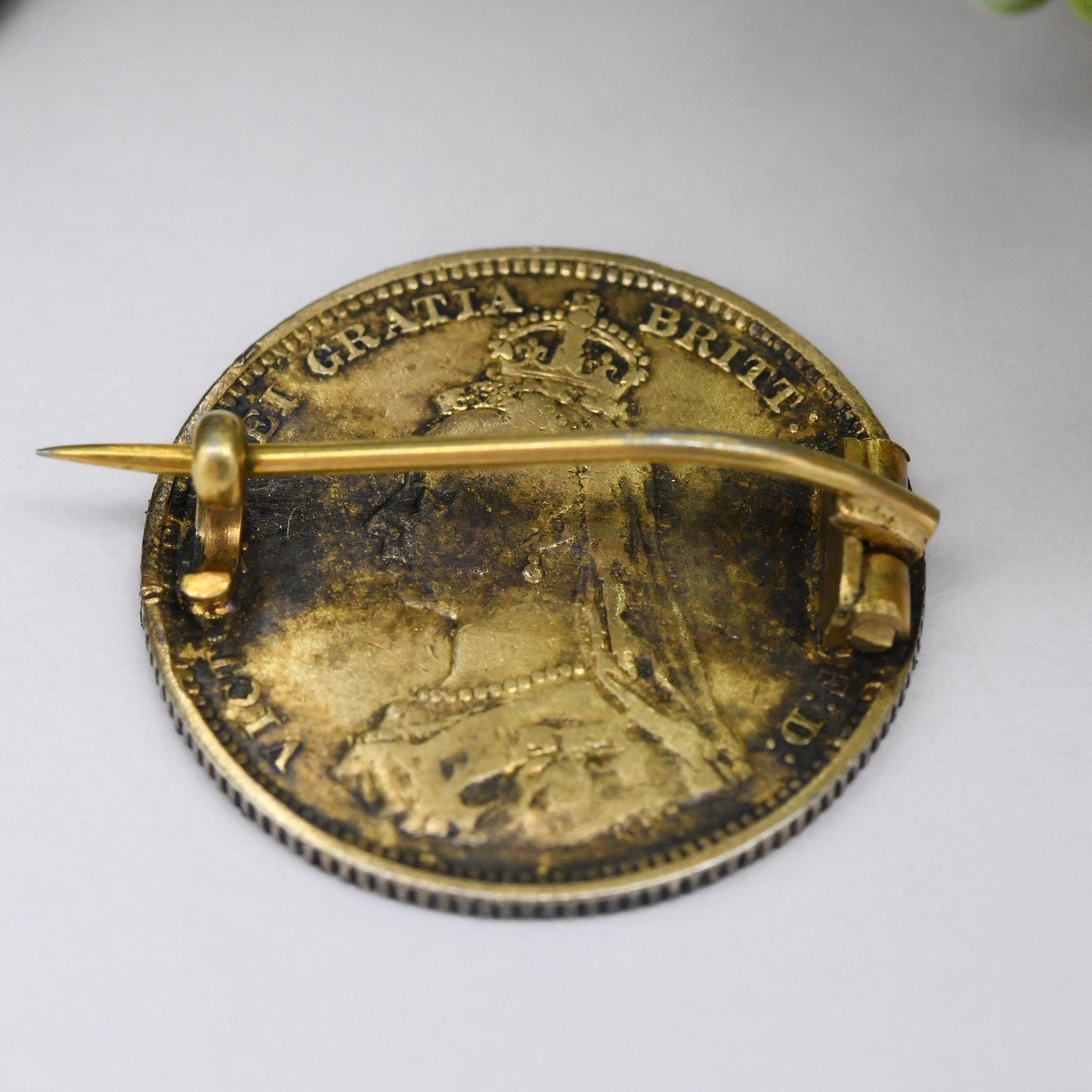 Antique Sterling Silver 1887 Victoria One Shilling Coin Brooch - Colourful Enamel Coin Jewellery | Honi Soit Qui Mal Y Pense Shield Design