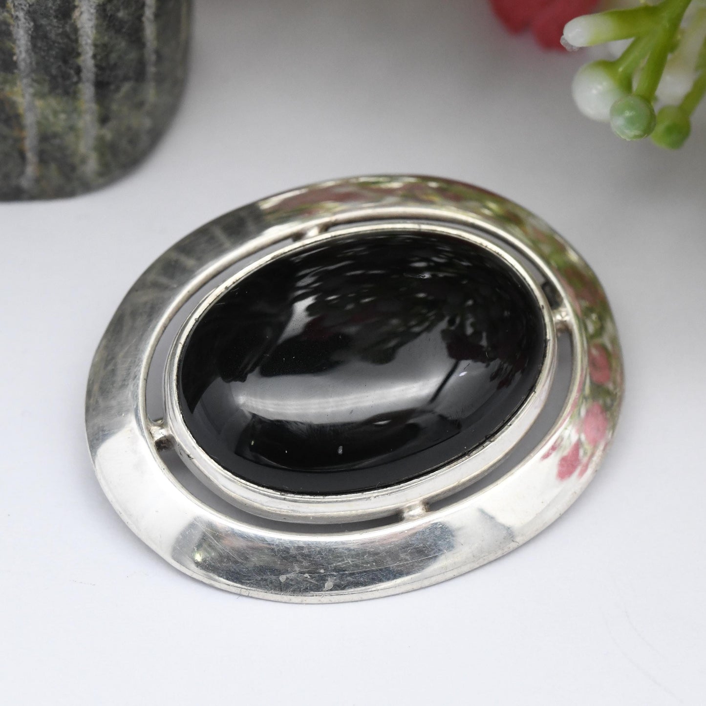 Vintage Ortak Sterling Silver Onyx Brooch 1990 by Malcolm Gray - Scottish Silver Edinburgh Hallmarks | Large Black Oval Shape Cabochon Stone