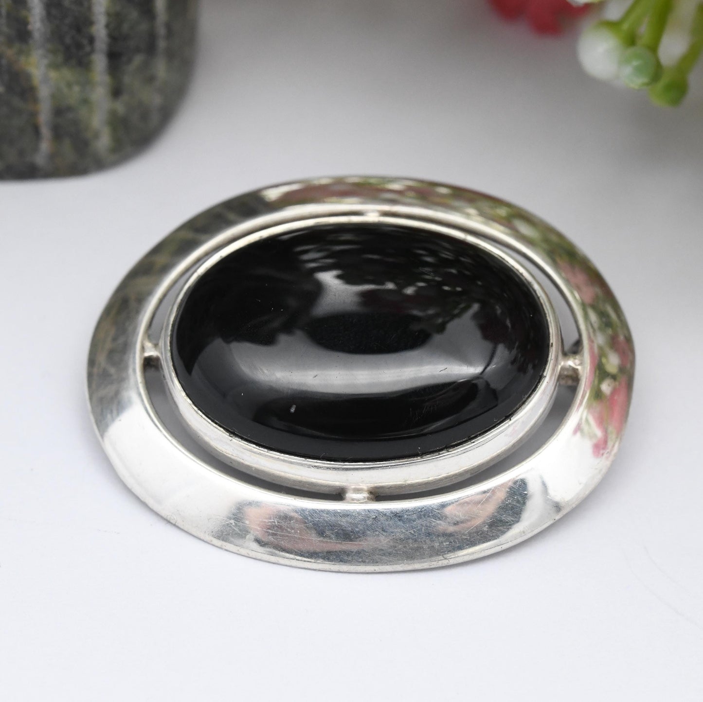 Vintage Ortak Sterling Silver Onyx Brooch 1990 by Malcolm Gray - Scottish Silver Edinburgh Hallmarks | Large Black Oval Shape Cabochon Stone