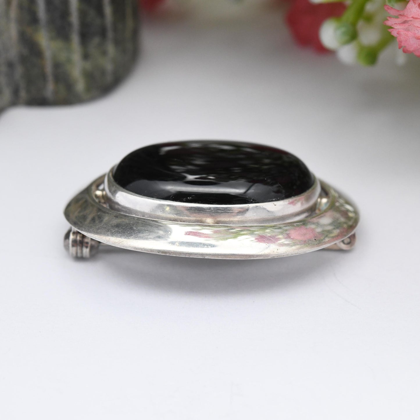 Vintage Ortak Sterling Silver Onyx Brooch 1990 by Malcolm Gray - Scottish Silver Edinburgh Hallmarks | Large Black Oval Shape Cabochon Stone