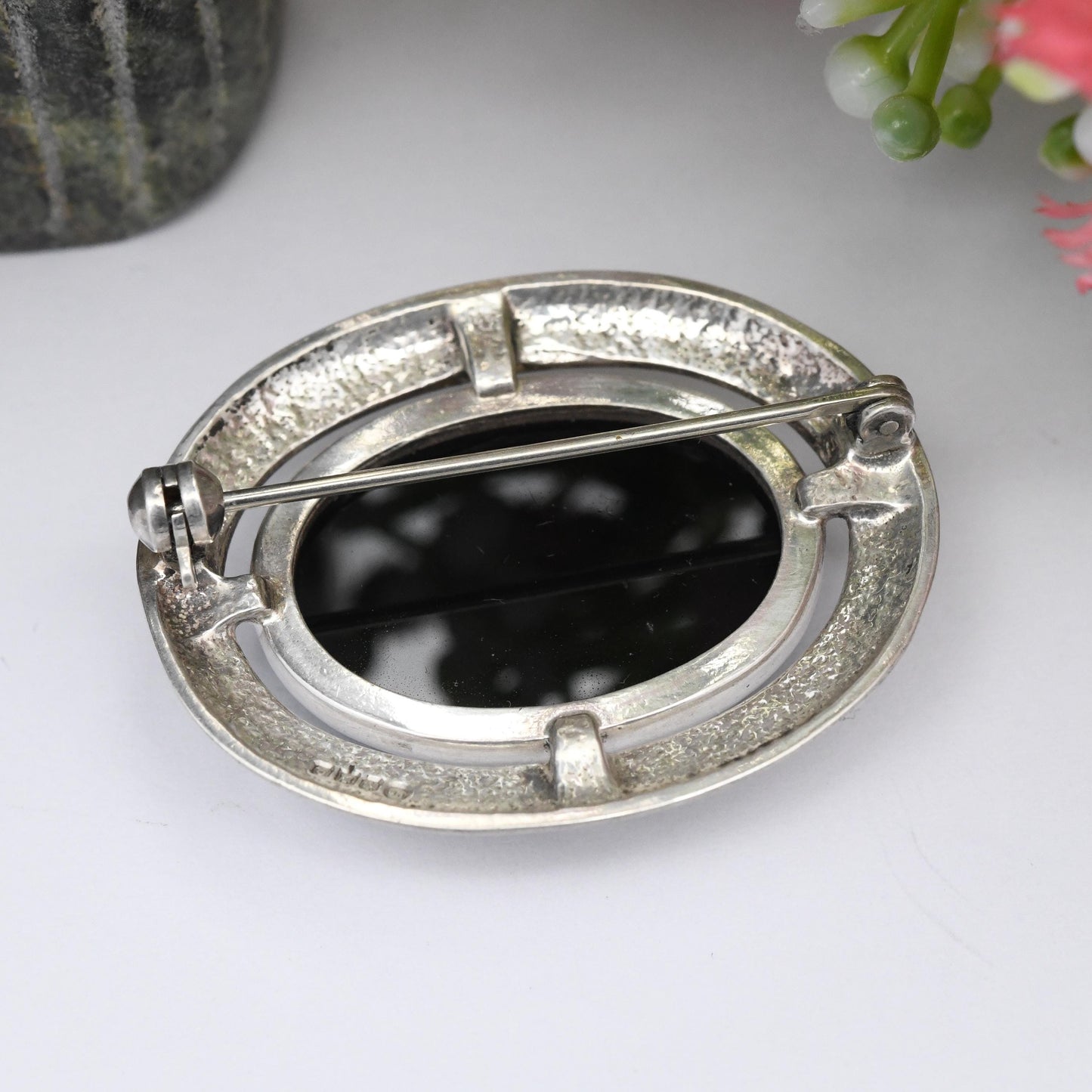 Vintage Ortak Sterling Silver Onyx Brooch 1990 by Malcolm Gray - Scottish Silver Edinburgh Hallmarks | Large Black Oval Shape Cabochon Stone