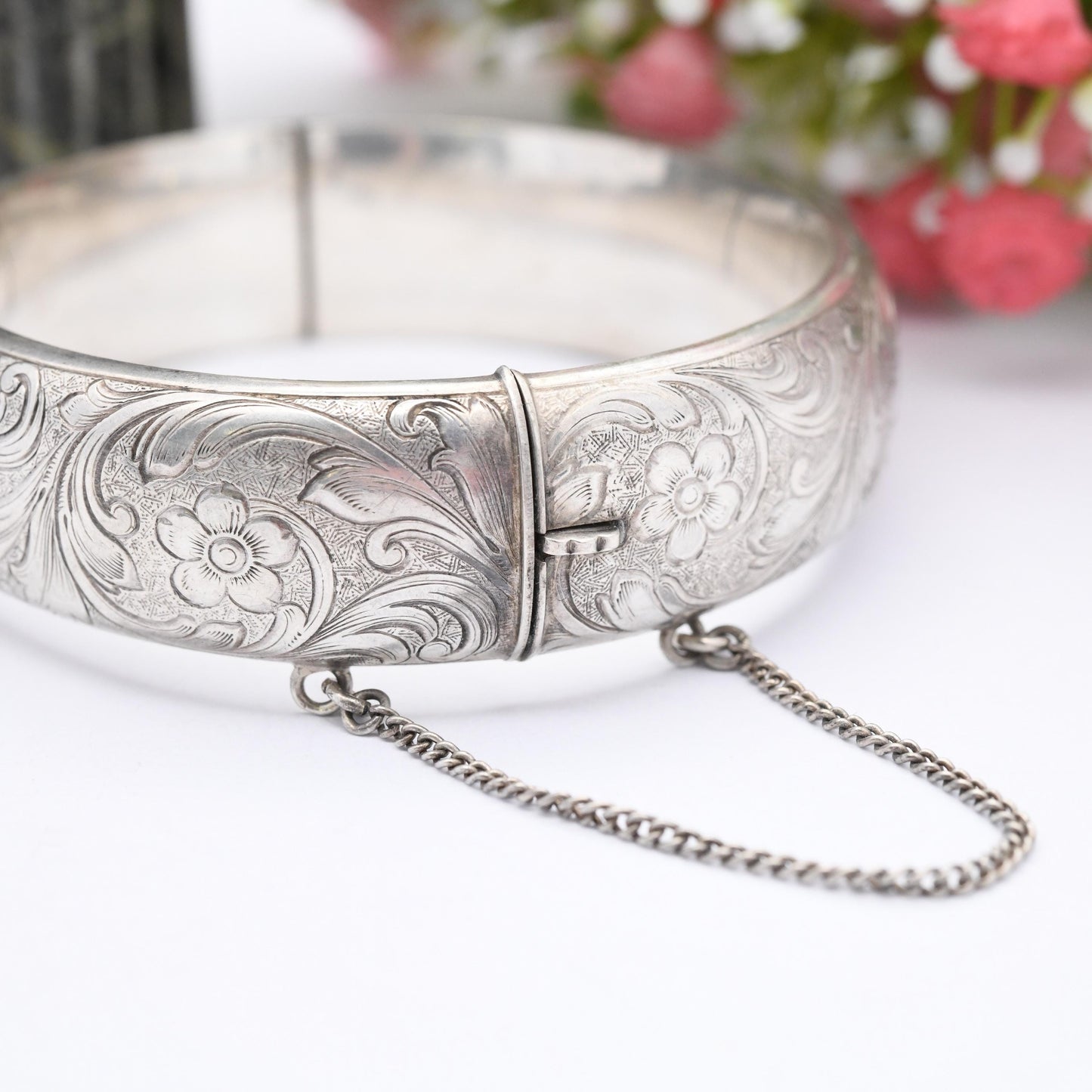 Vintage Excalibur Sterling Silver Bangle Bracelet 1972 Flower Design - Ornate Scrolling Floral Chunky Silver Jewellery with Safety Chain
