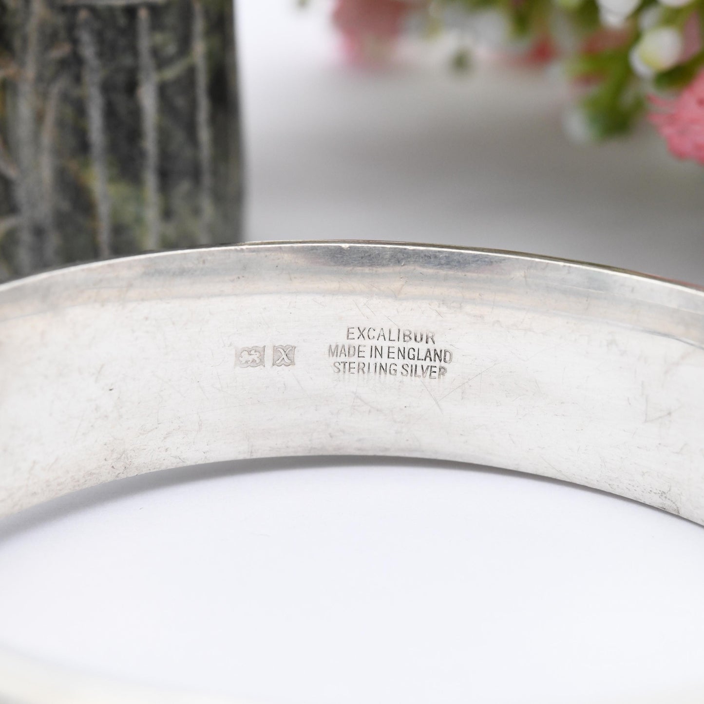 Vintage Excalibur Sterling Silver Bangle Bracelet 1972 Flower Design - Ornate Scrolling Floral Chunky Silver Jewellery with Safety Chain