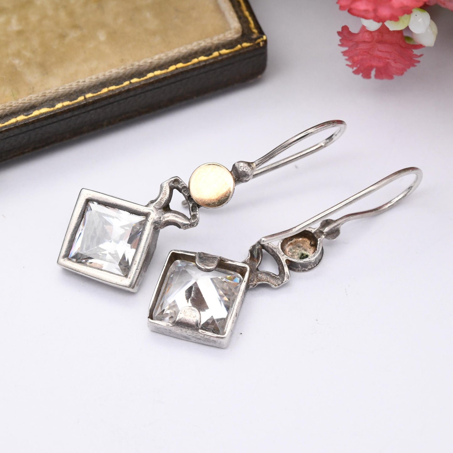 Vintage Sterling Silver Crystal Drop Earrings Drop Earrings - Large Faceted Stone | Gold Tone | Statement Modernist Style | Gift for Her