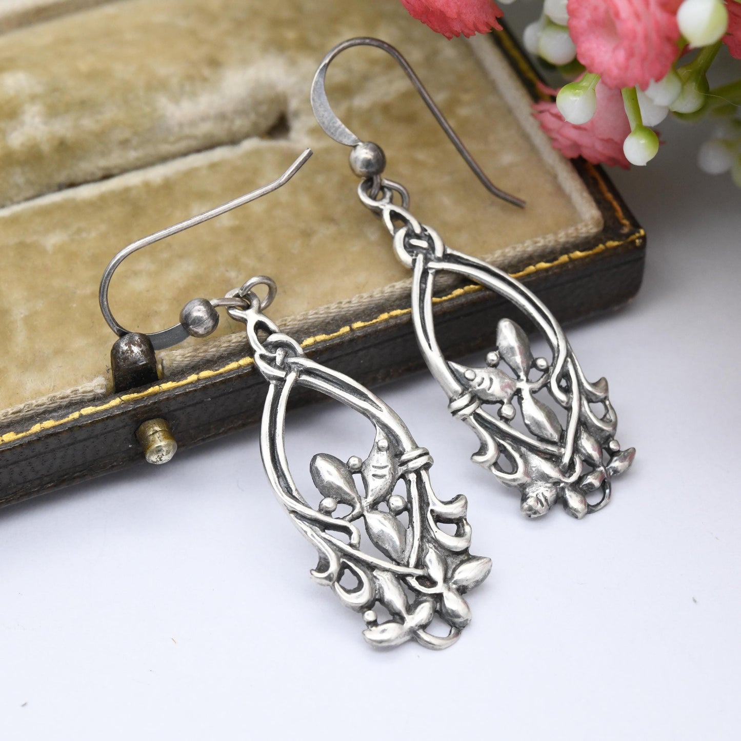 Vintage Sterling Silver Flower Drop Earrings by Kit Heath - Ornate Antique Style | 1990s Great British Designer | Celtic Floral Silver Gift