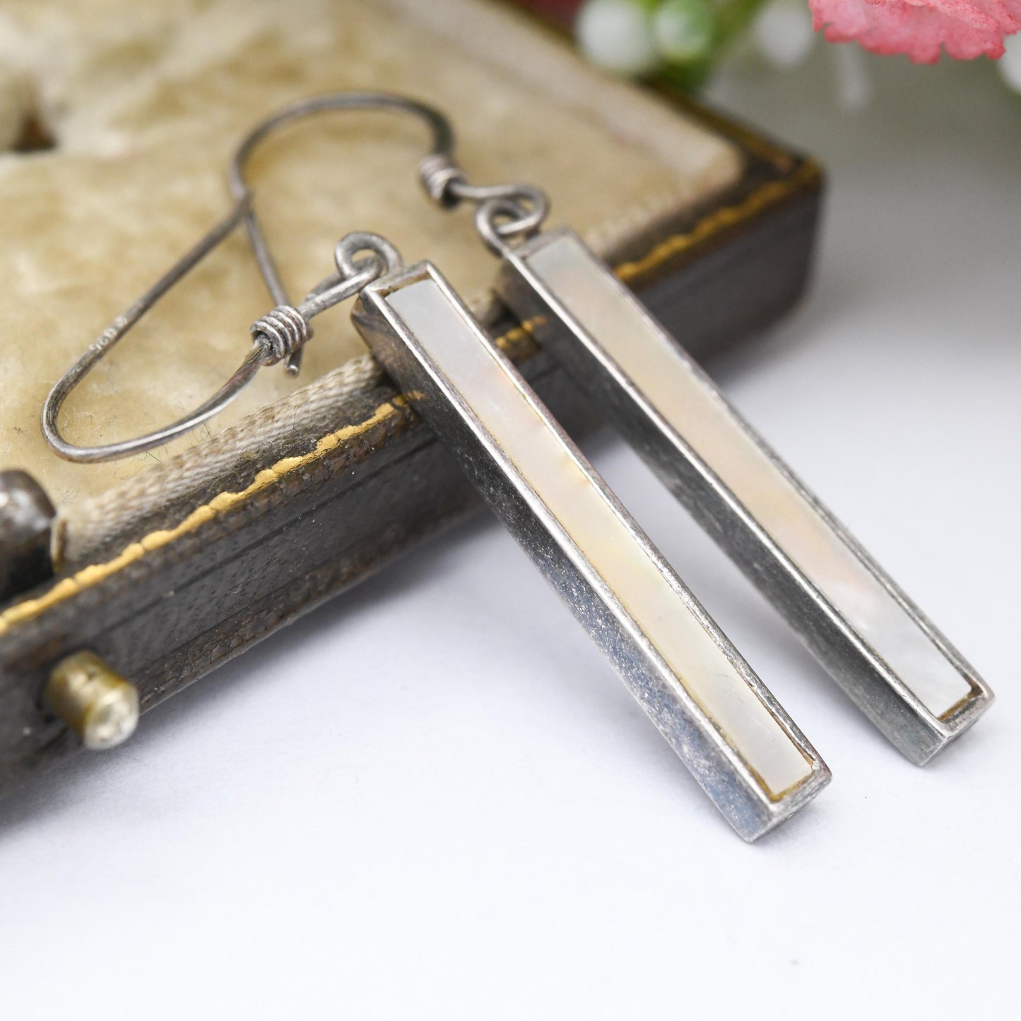 Sterling Silver Marks and Spencers Mother of Pearl Drop Earrings - Long Rectangle Dangle Drops M&S | Everyday Work Earrings