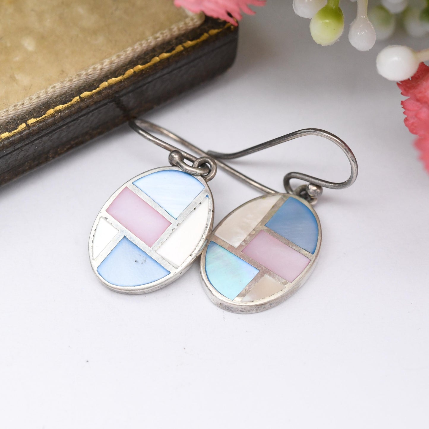 Vintage Sterling Silver Mother of Pearl Shell Drop Earrings - Oval Shape | Mosaic Blue White Pink Shell Hook Earrings | Pastel Colours