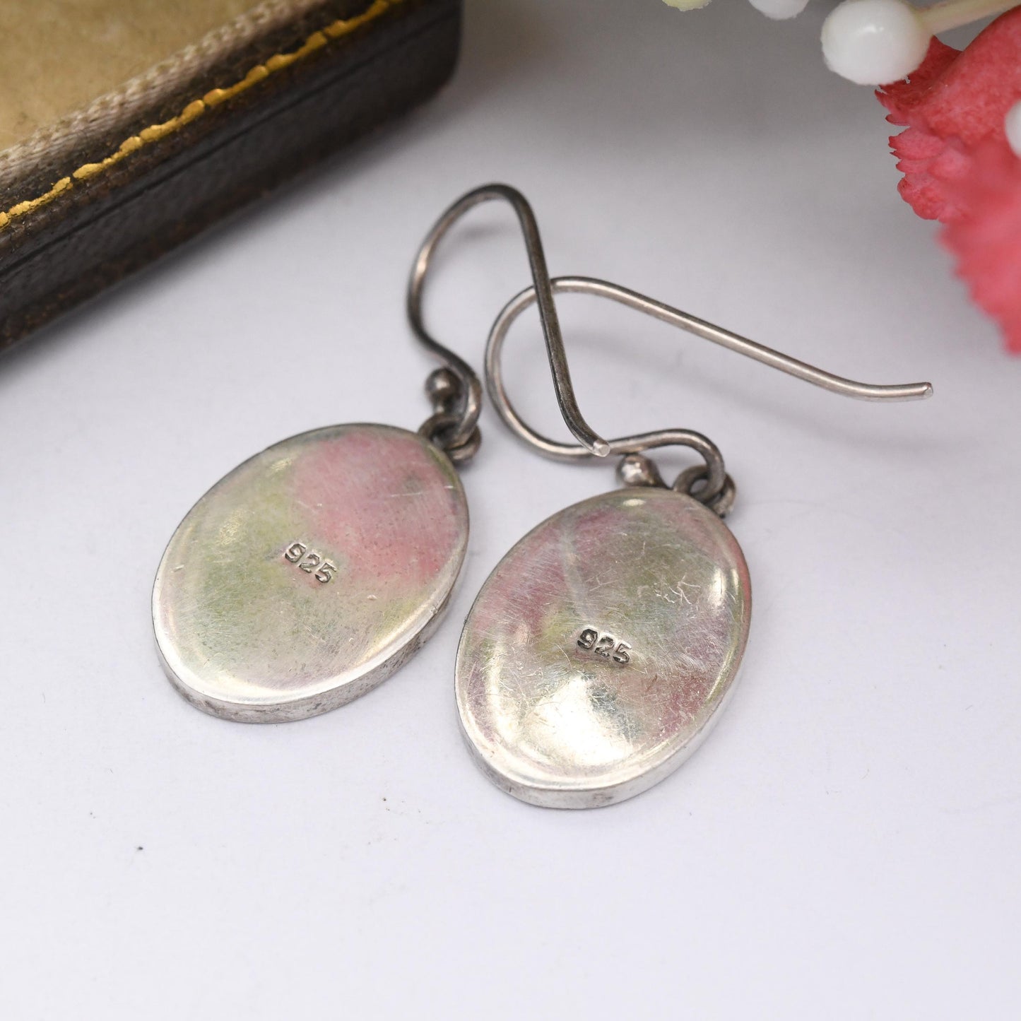 Vintage Sterling Silver Mother of Pearl Shell Drop Earrings - Oval Shape | Mosaic Blue White Pink Shell Hook Earrings | Pastel Colours