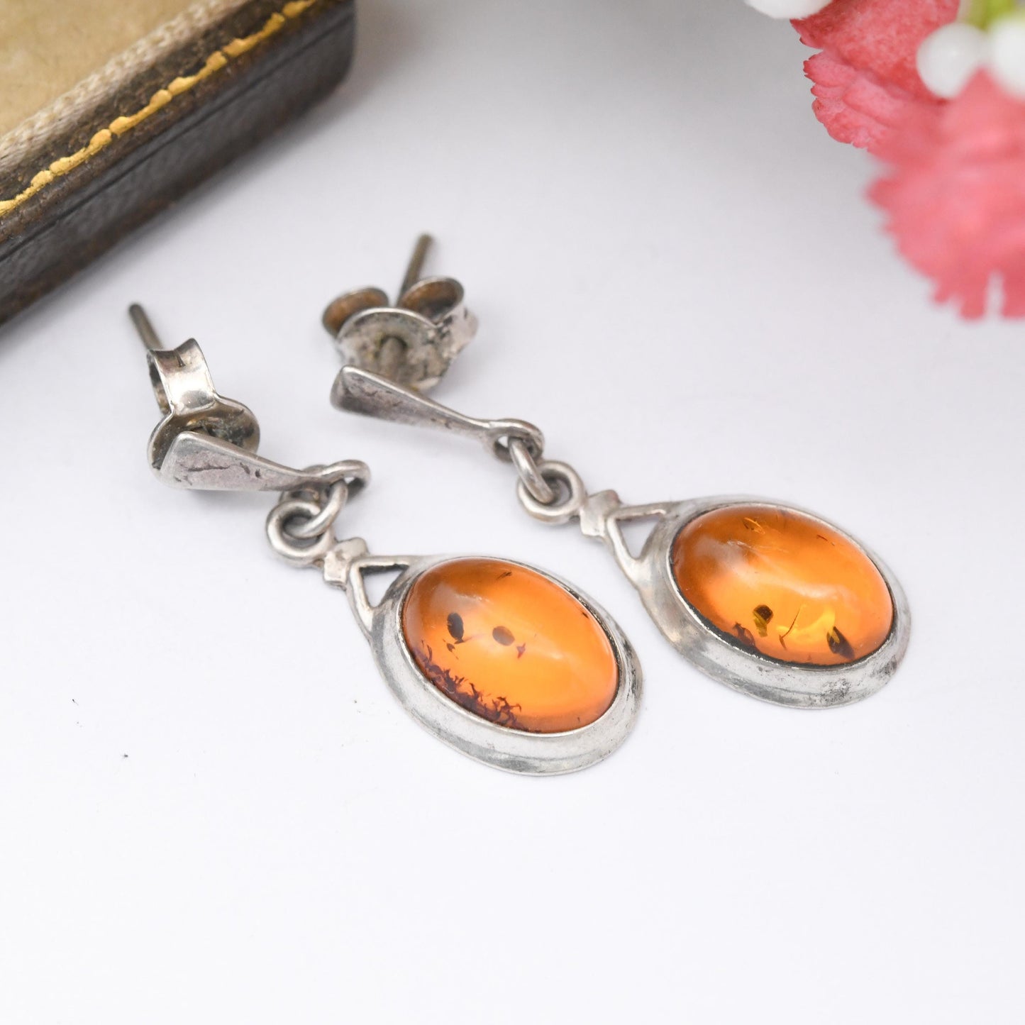 Vintage Amber Sterling Silver Drop Earrings - Orange Gemstone Baltic Amber | Minimal Dangle Earrings