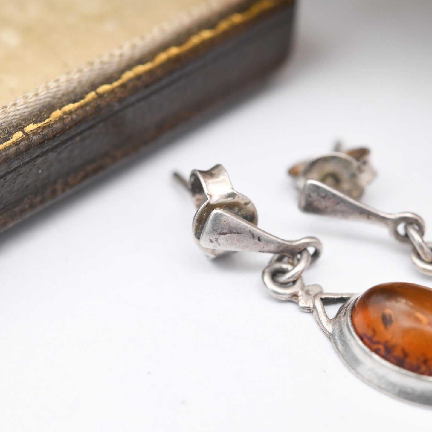 Vintage Amber Sterling Silver Drop Earrings - Orange Gemstone Baltic Amber | Minimal Dangle Earrings