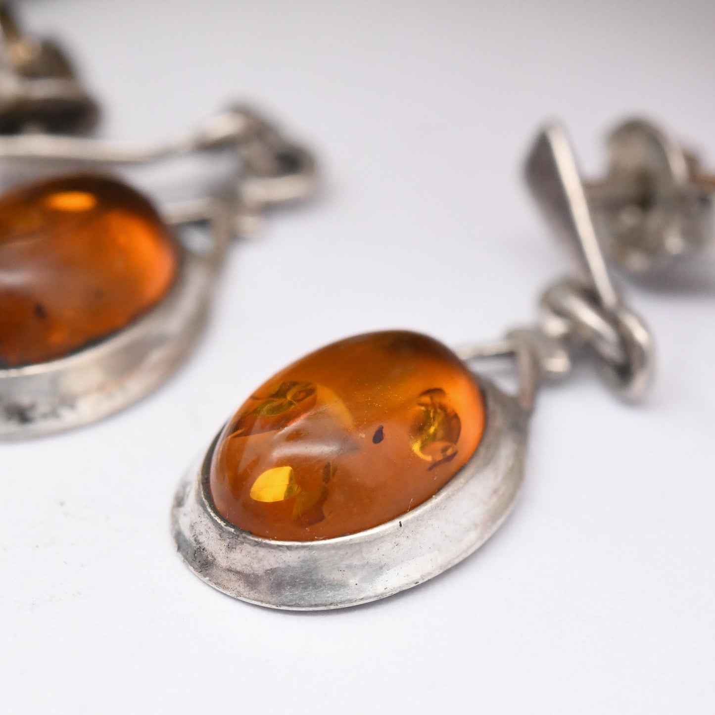Vintage Amber Sterling Silver Drop Earrings - Orange Gemstone Baltic Amber | Minimal Dangle Earrings