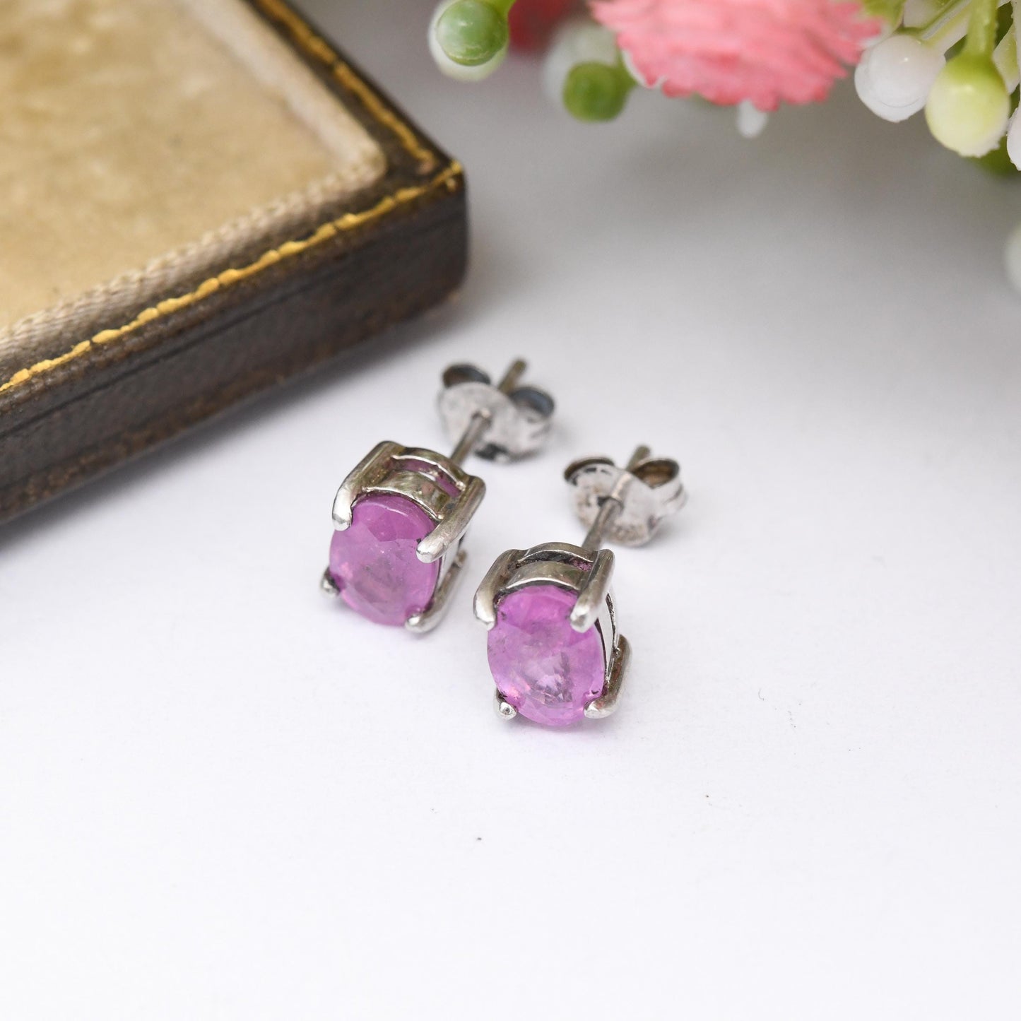 Sterling Silver Pink Sapphire Stud Earrings TGGC - Oval Cut Faceted Pink Gemstone Studs | Pretty Gift for Her