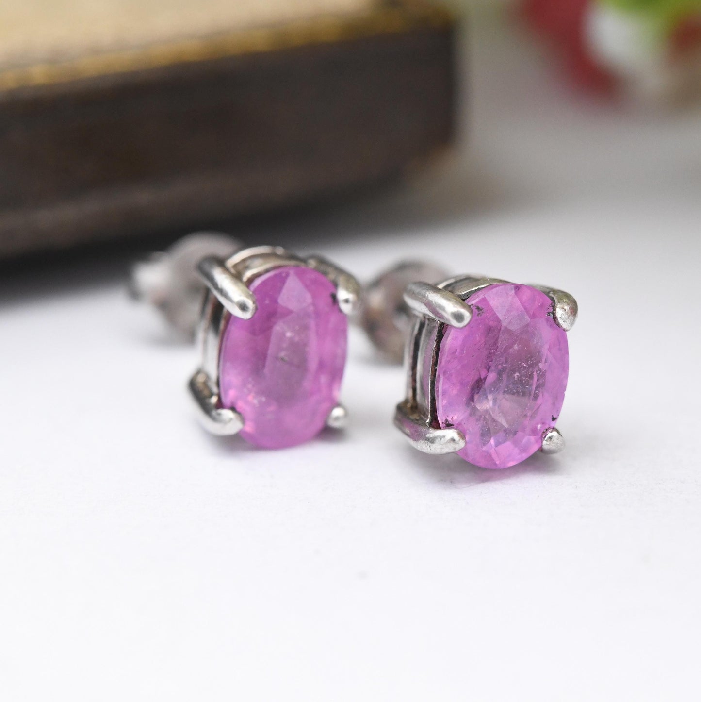 Sterling Silver Pink Sapphire Stud Earrings TGGC - Oval Cut Faceted Pink Gemstone Studs | Pretty Gift for Her