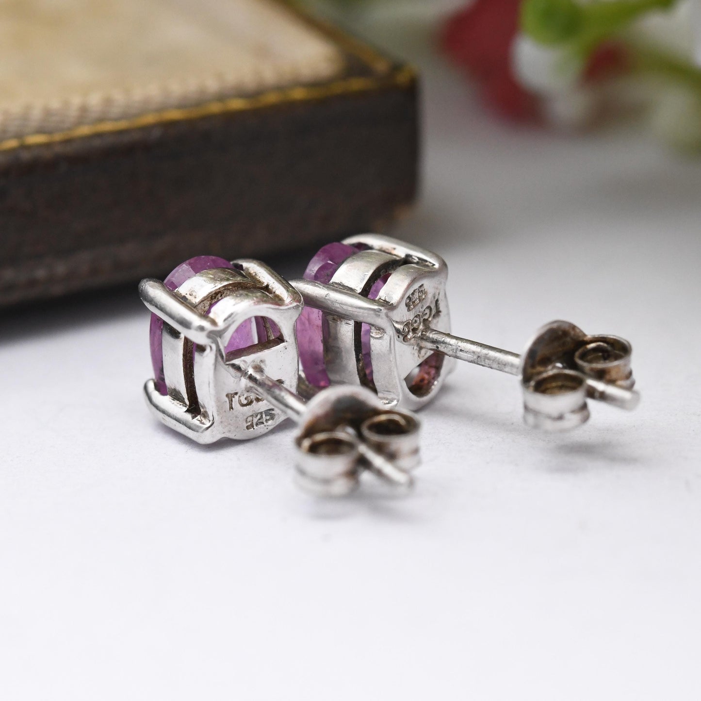 Sterling Silver Pink Sapphire Stud Earrings TGGC - Oval Cut Faceted Pink Gemstone Studs | Pretty Gift for Her