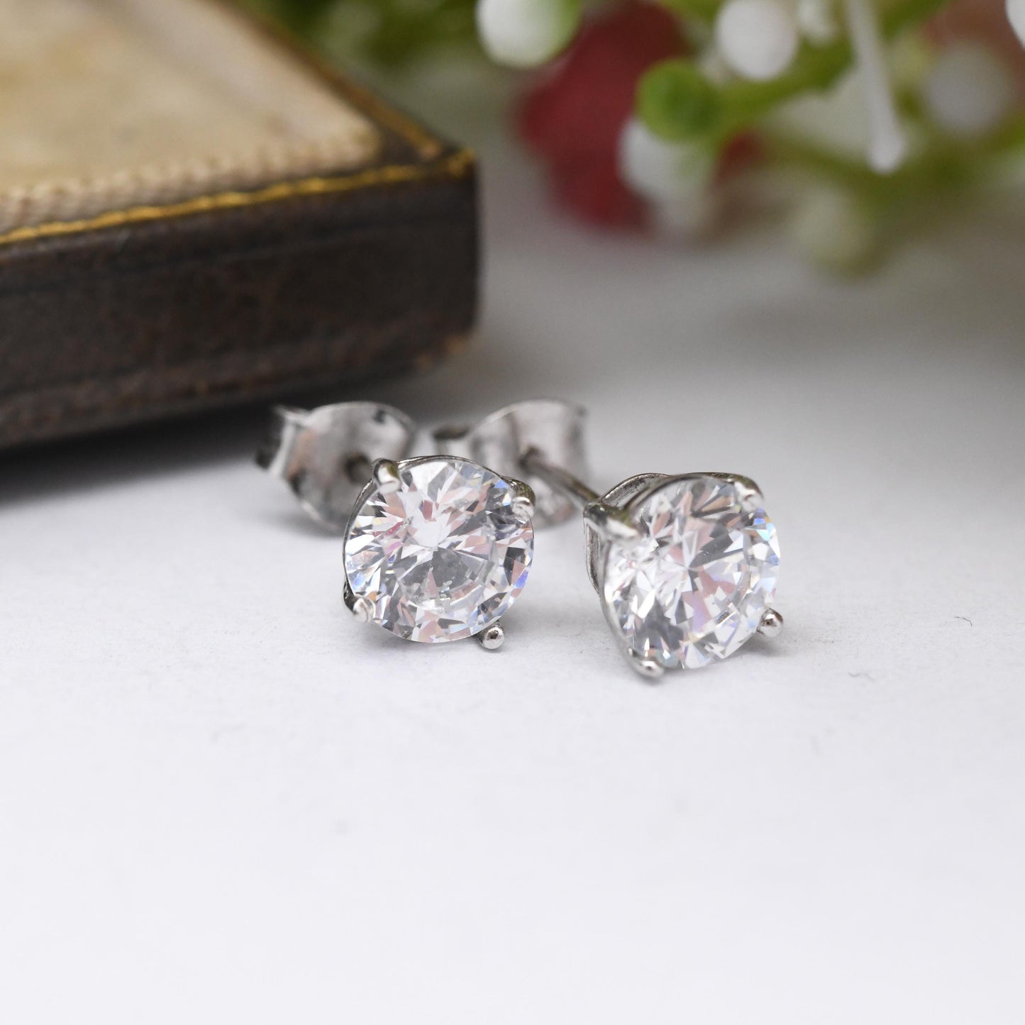 Sterling Silver CZ Stud Earrings - Large Sparkly Solitaire Stone Studs