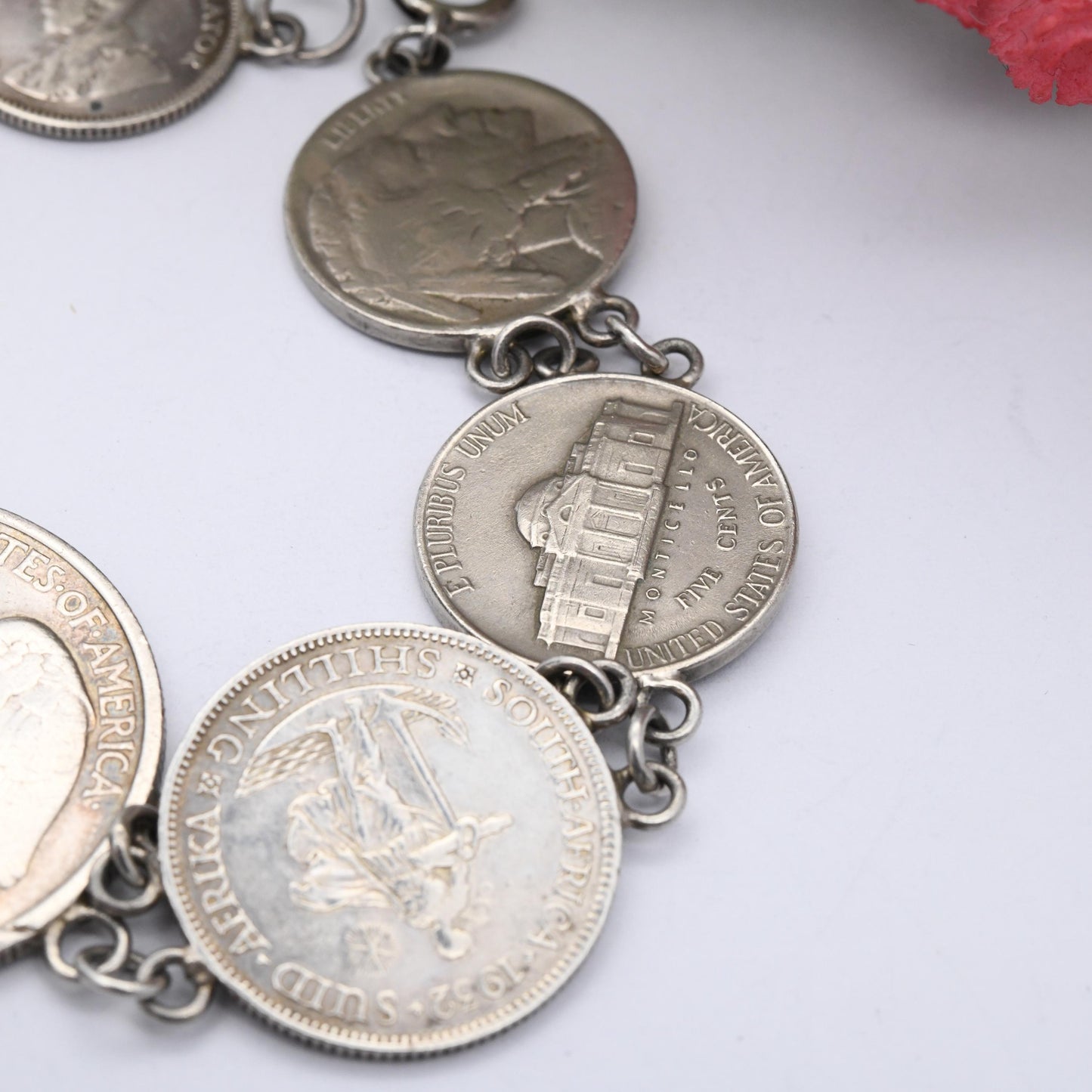 Vintage Silver Coin Bracelet with World Coins - 1936 Walking Liberty Half Dollar 1914 Quarter 1932 George V South Africa Shilling Sixpence