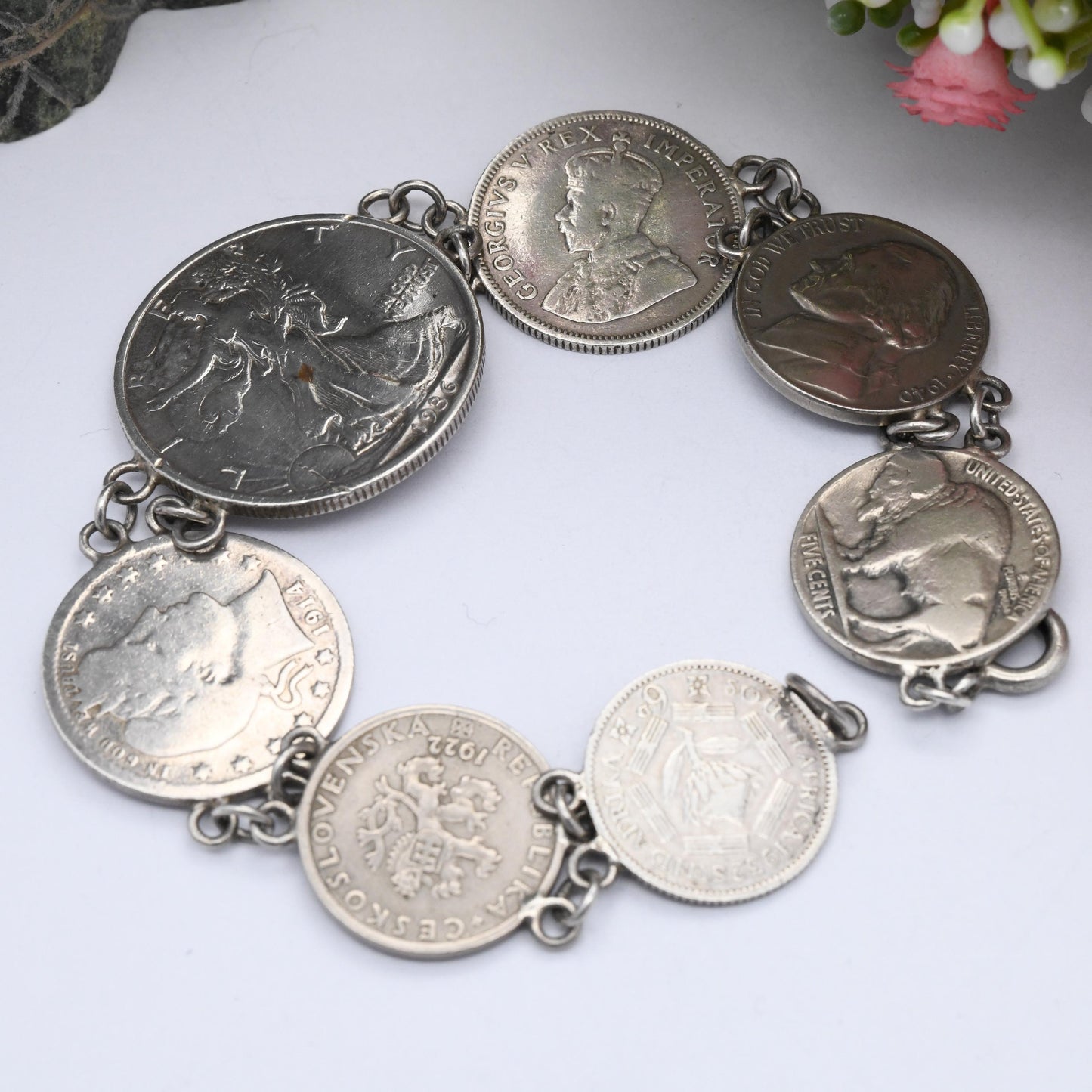 Vintage Silver Coin Bracelet with World Coins - 1936 Walking Liberty Half Dollar 1914 Quarter 1932 George V South Africa Shilling Sixpence