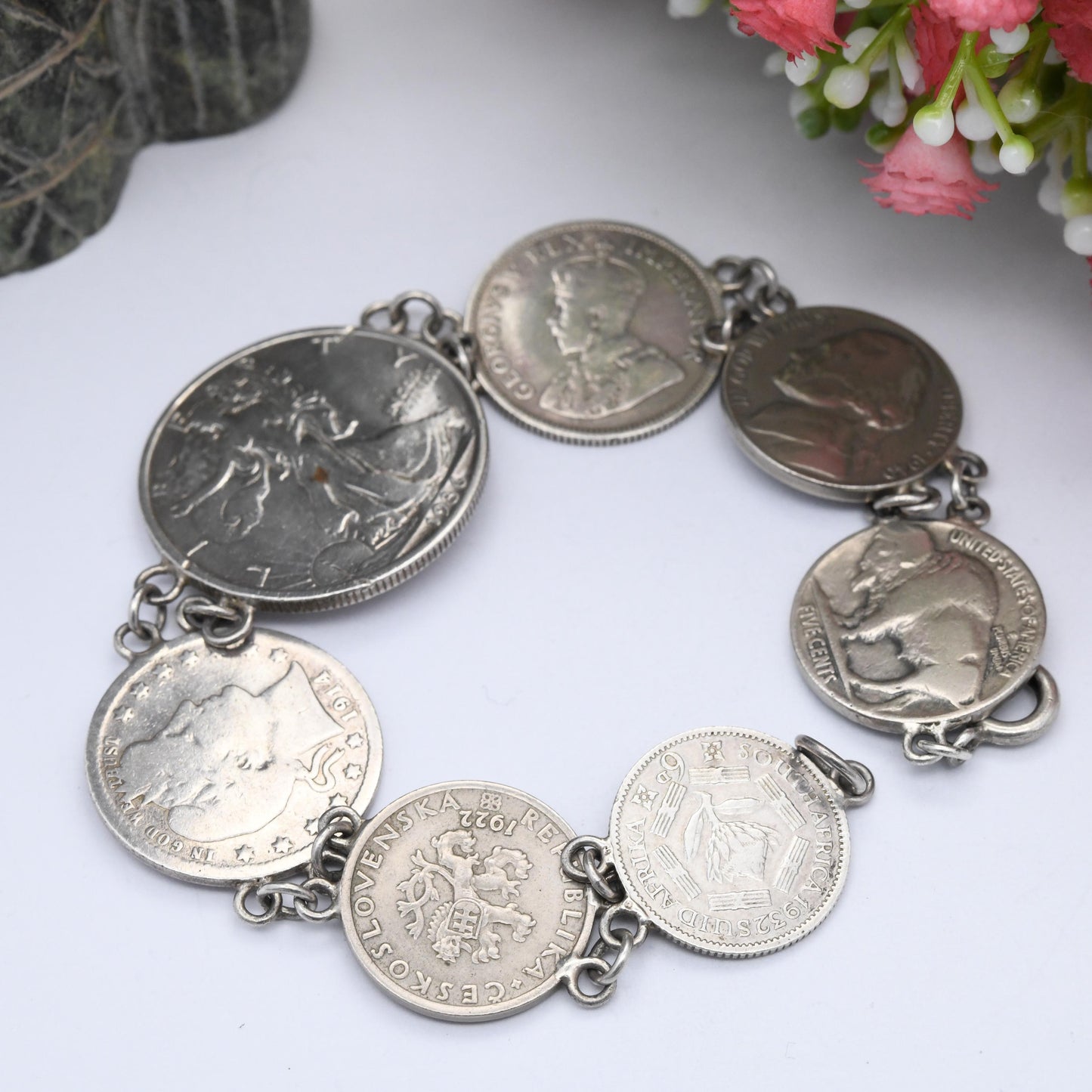 Vintage Silver Coin Bracelet with World Coins - 1936 Walking Liberty Half Dollar 1914 Quarter 1932 George V South Africa Shilling Sixpence