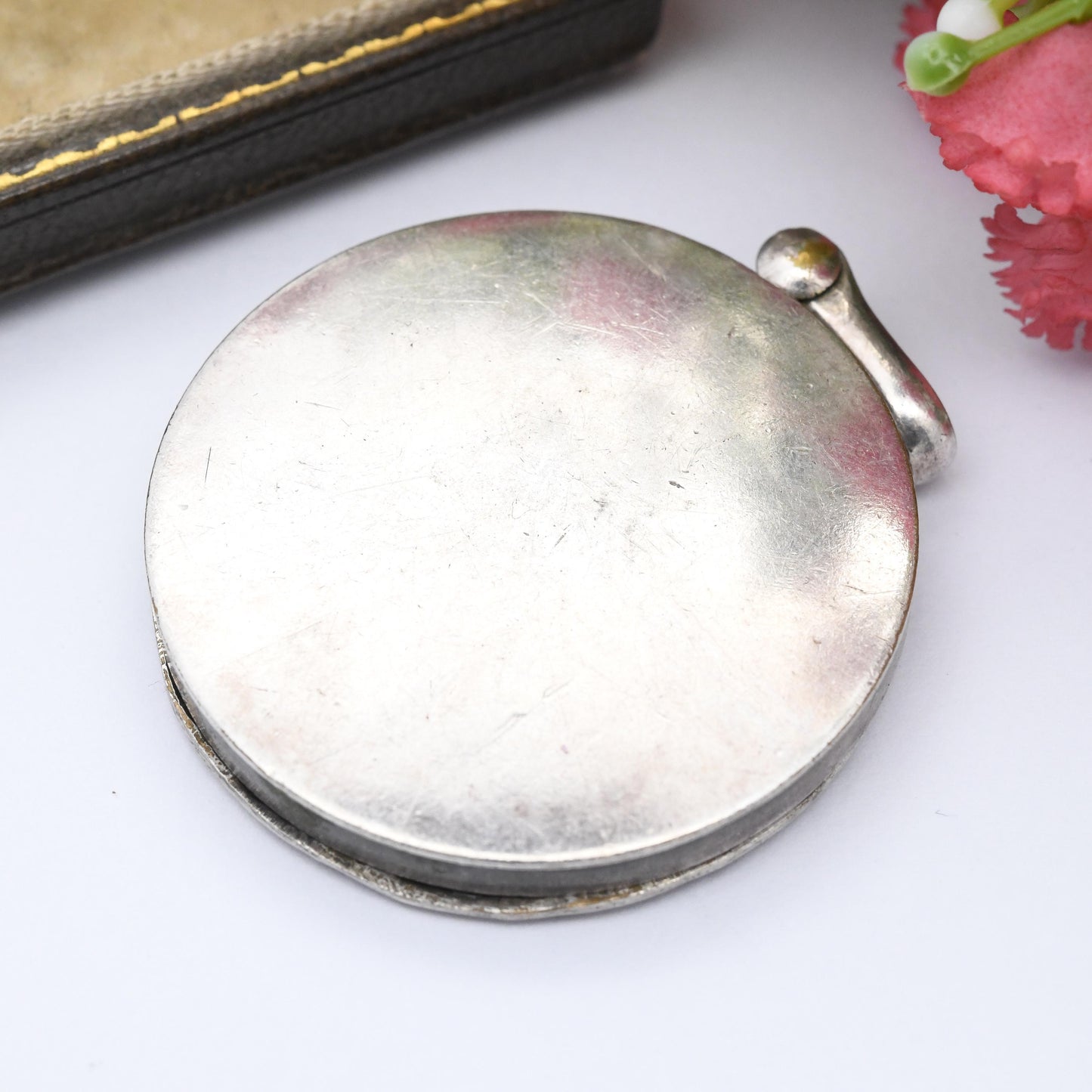Antique Art Nouveau Locket with Repoussé Flower Girl - Large Circle Pendant Slide Open Compartment for Photo Keepsake | French Silver Plated