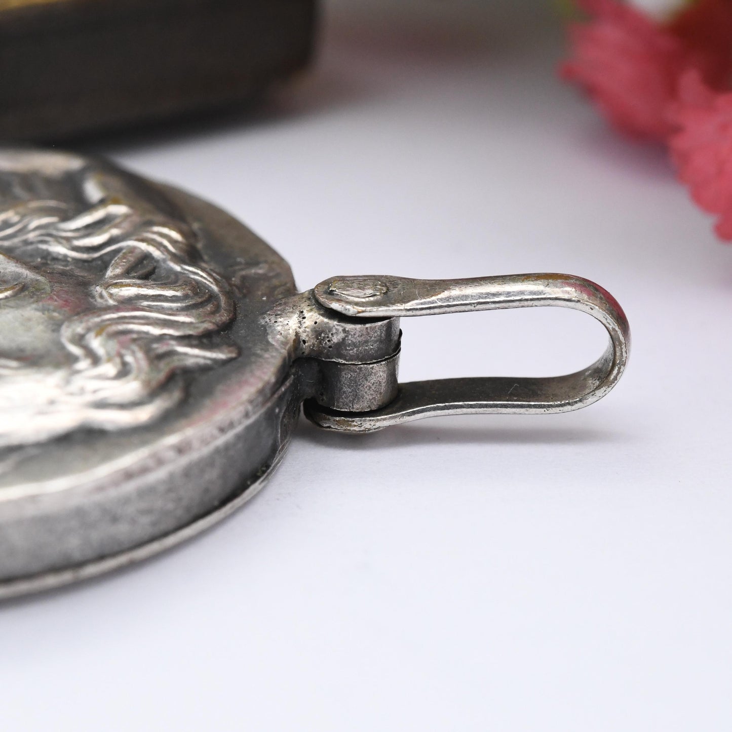 Antique Art Nouveau Locket with Repoussé Flower Girl - Large Circle Pendant Slide Open Compartment for Photo Keepsake | French Silver Plated