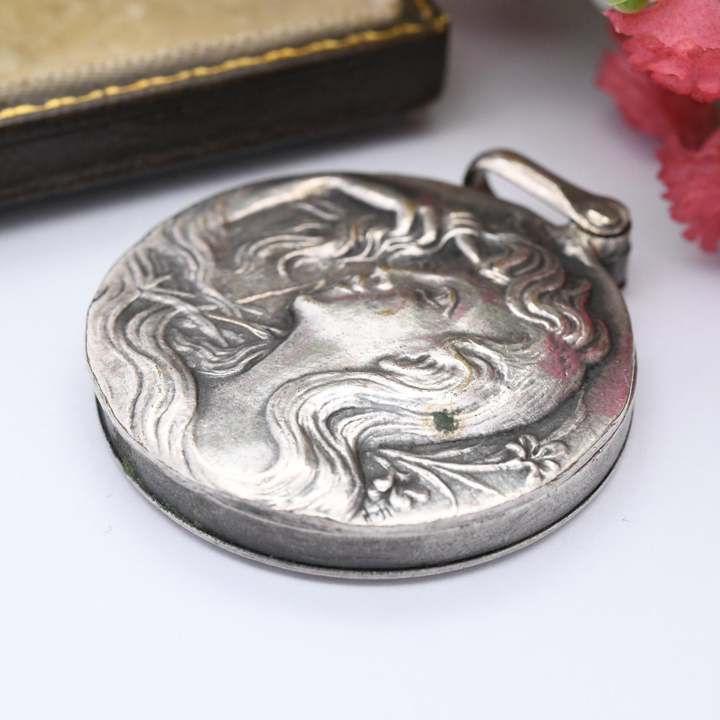 Antique Art Nouveau Locket with Repoussé Flower Girl - Large Circle Pendant Slide Open Compartment for Photo Keepsake | French Silver Plated