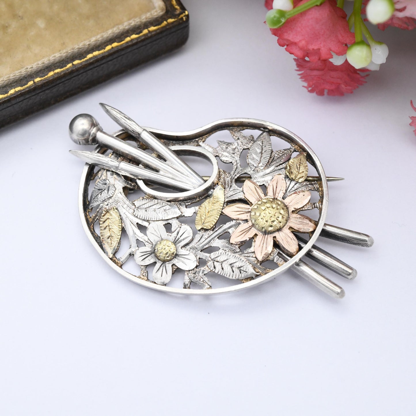 Antique Sterling Silver and Gold Paint Palette Brooch with Engraved Flower Design - Yellow Gold Rose Gold | Unusual Gift for Artist Painter
