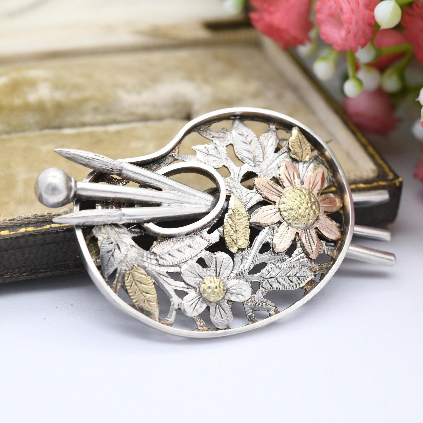 Antique Sterling Silver and Gold Paint Palette Brooch with Engraved Flower Design - Yellow Gold Rose Gold | Unusual Gift for Artist Painter