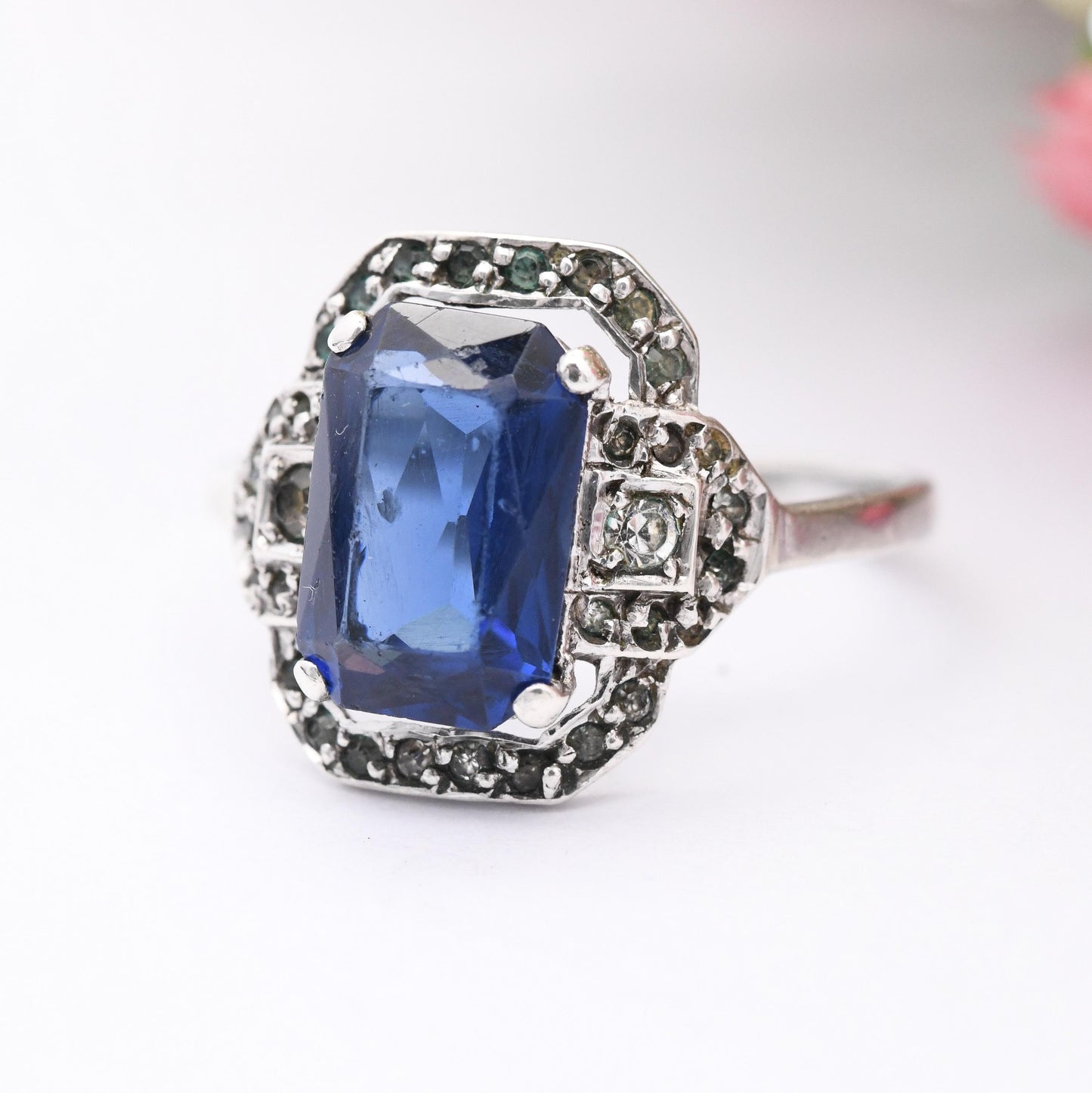 Antique Art Deco Silver Blue Paste Ring by Ciro SCP - Statement Cocktail Ring Sparkly Halo Gift for Her | Large UK Size - S | US Size - 9