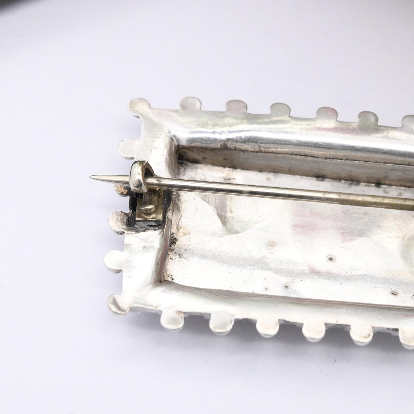Antique Victorian Sterling Silver Aesthetic Movement Brooch with Granulated Edges - Rectangle Ball Brooch Hand Engraved