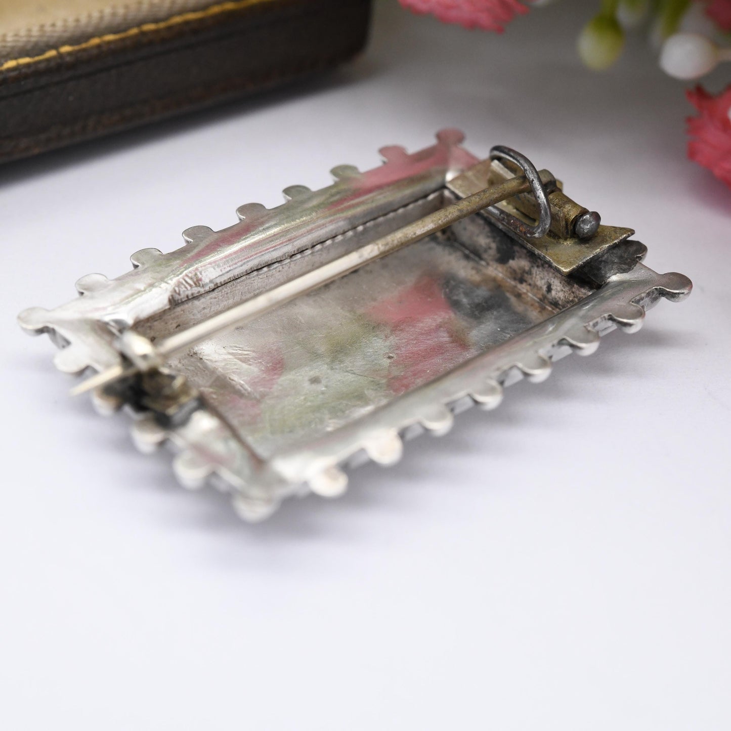 Antique Victorian Sterling Silver Aesthetic Movement Brooch with Granulated Edges - Rectangle Ball Brooch Hand Engraved