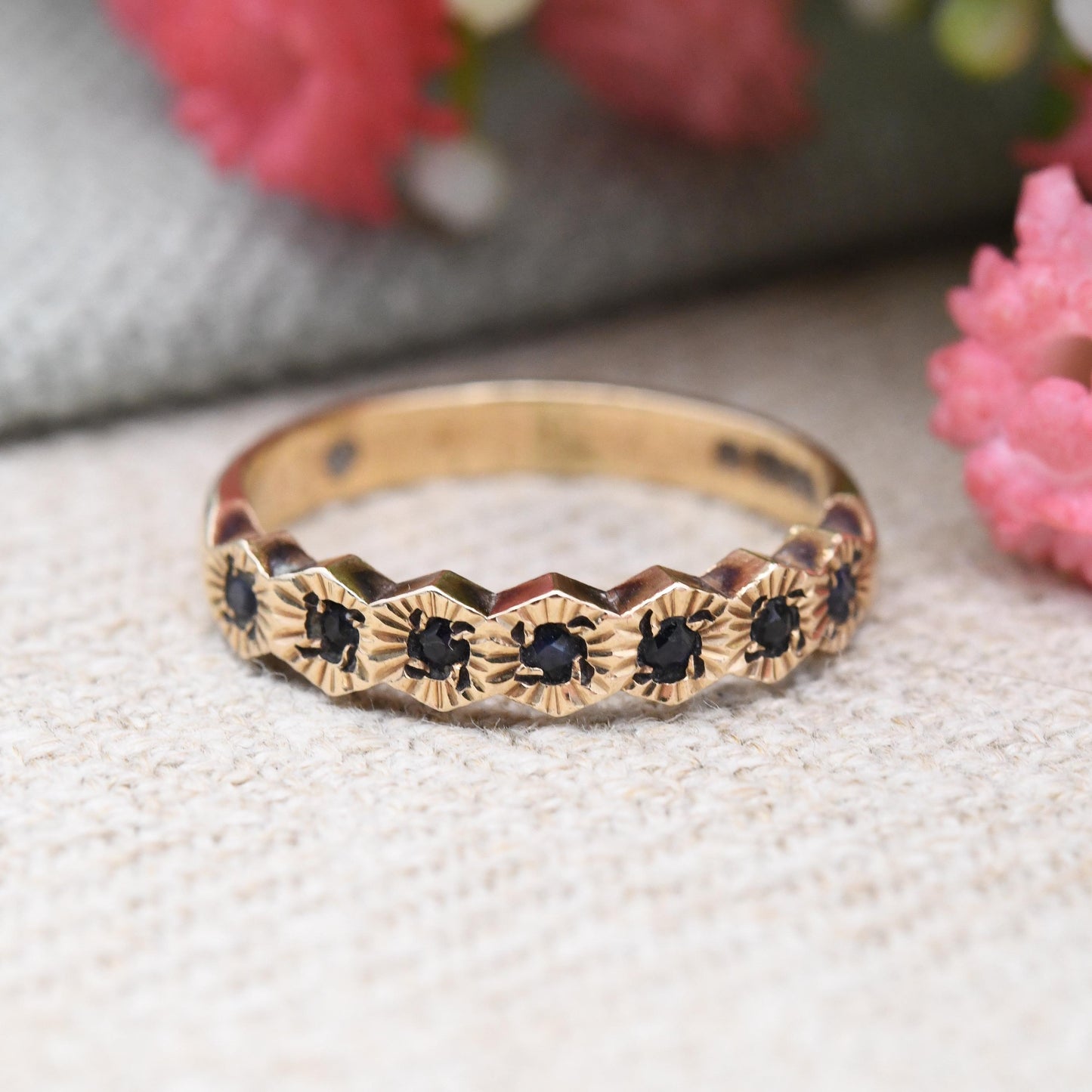 Vintage 9ct Gold Sapphire Half Eternity Band Ring 1979 - 7 Stone Mid-Century Textured Setting Stacker Ring | UK Size - L | US Size - 5 3/4