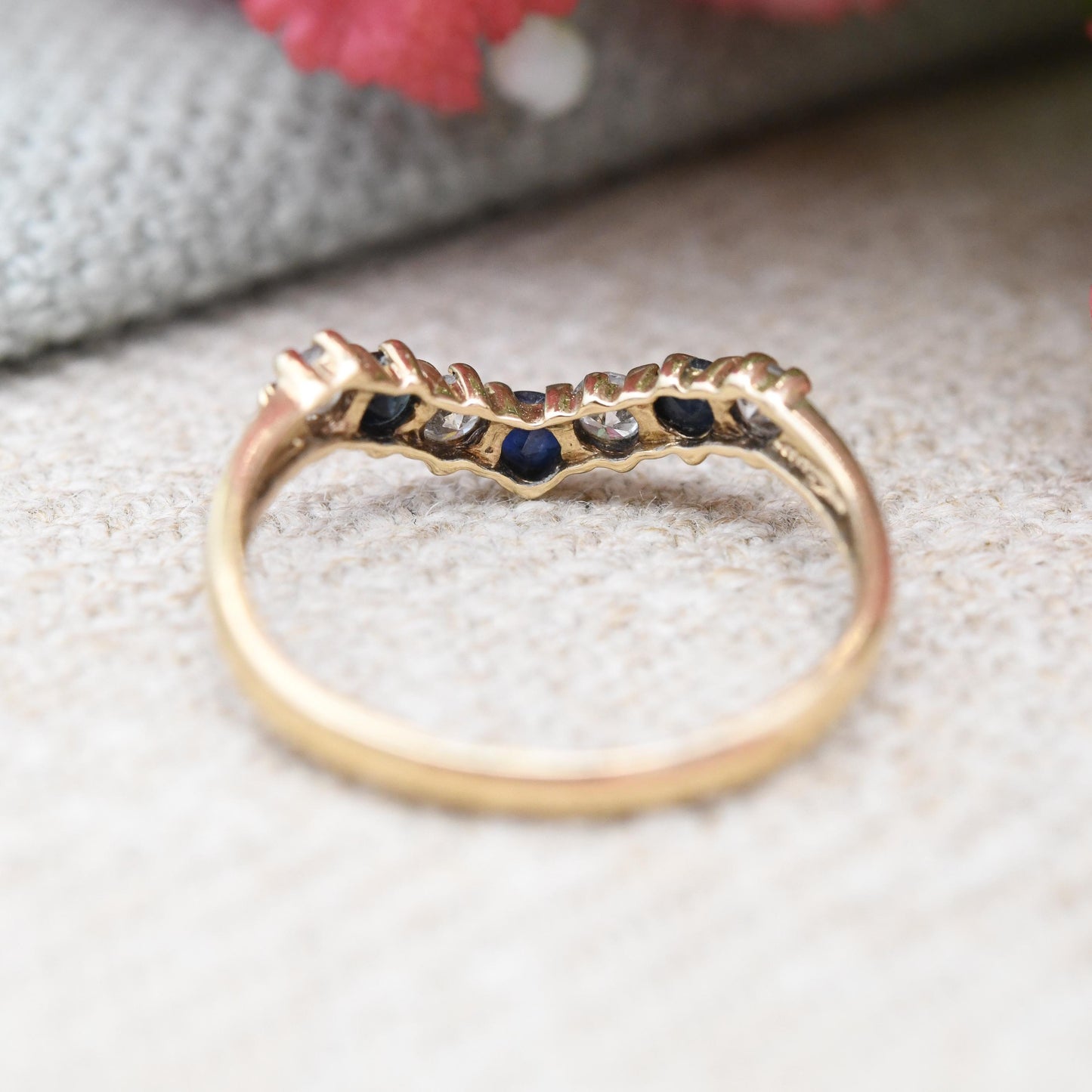 Vintage 9ct Gold Sapphire & Cubic Zirconia Wishbone Ring - CZ and Blue Engagement Ring Delicate Stacker | UK Size - I 1/2 | US Size - 4 1/2