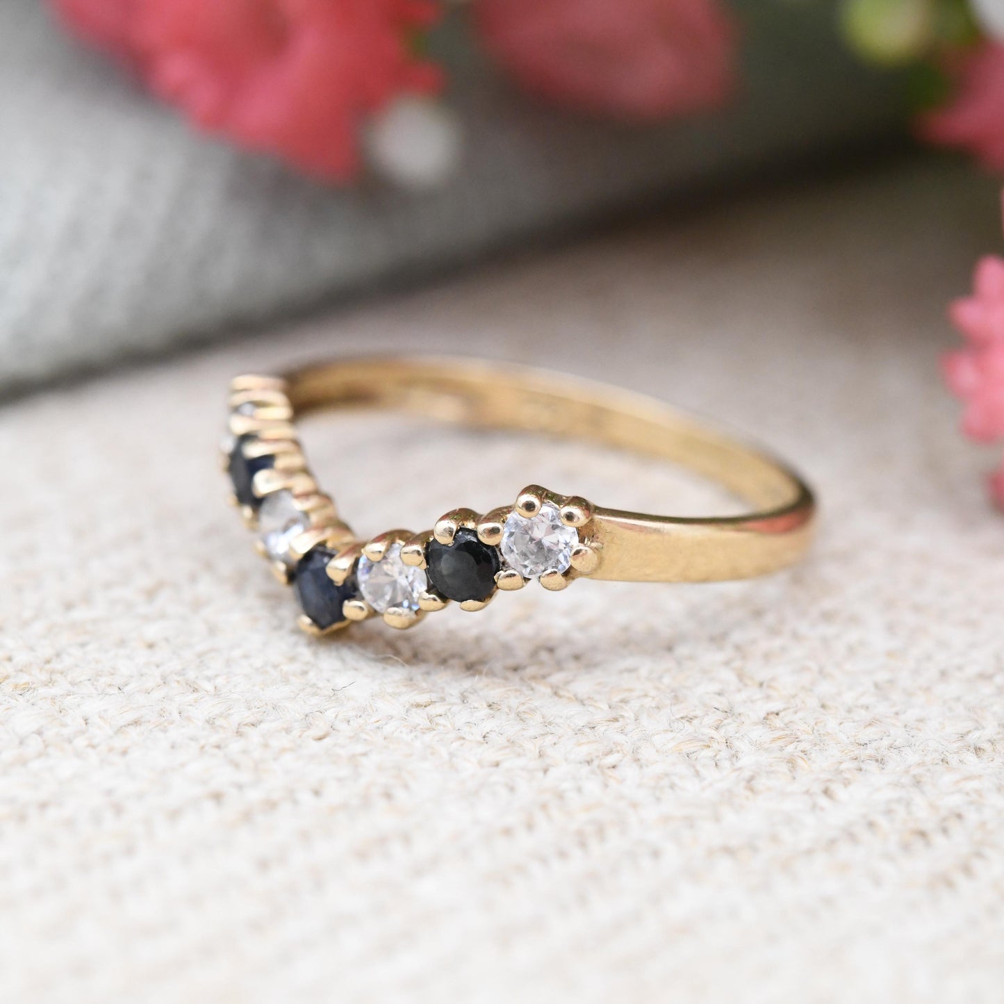 Vintage 9ct Gold Sapphire & Cubic Zirconia Wishbone Ring - CZ and Blue Engagement Ring Delicate Stacker | UK Size - I 1/2 | US Size - 4 1/2