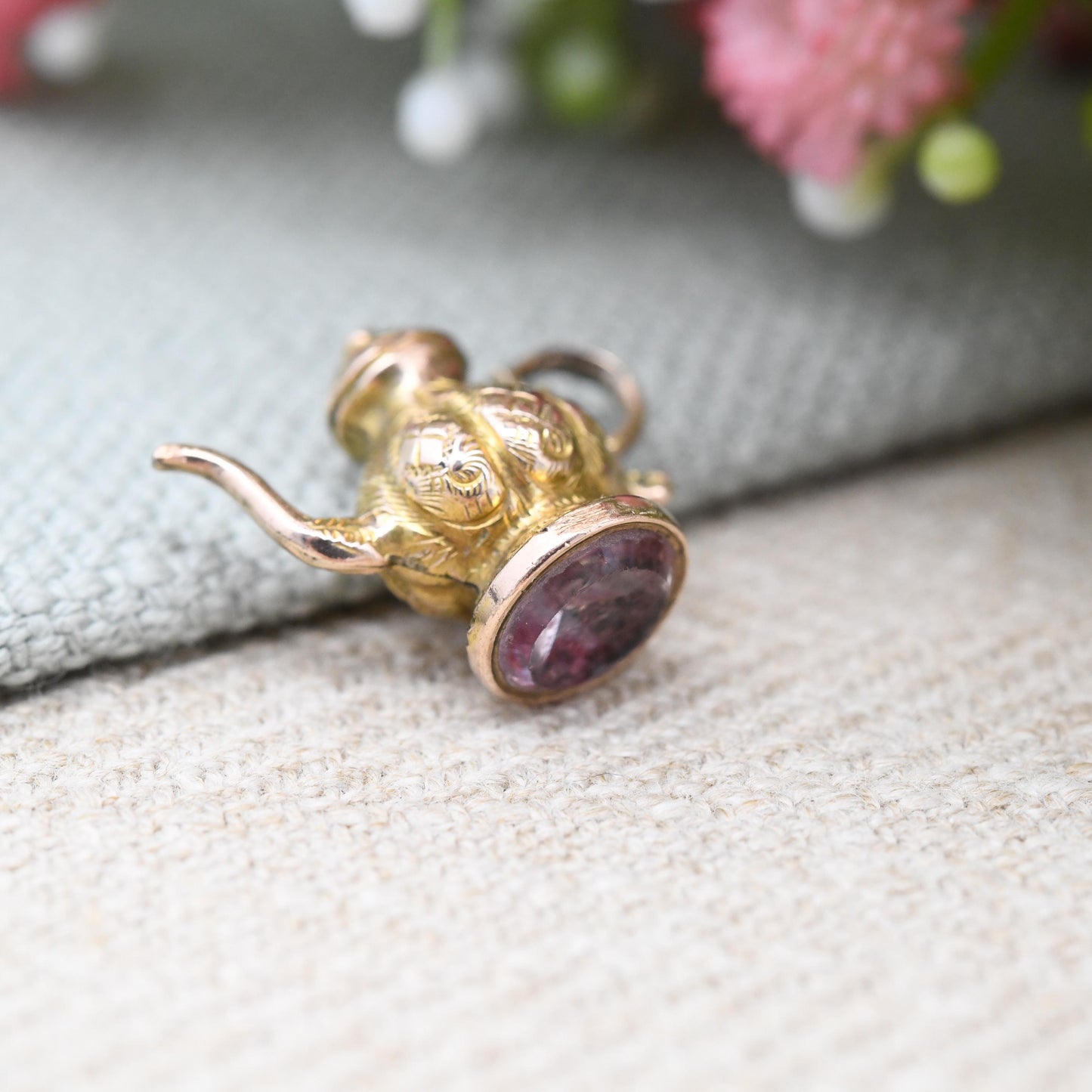 Vintage 9ct Gold Amethyst Teapot Charm Pendant - Detailed Ornate Kettle | Gift for Charm Bracelet Necklace Stack | Fob with Gemstone Base