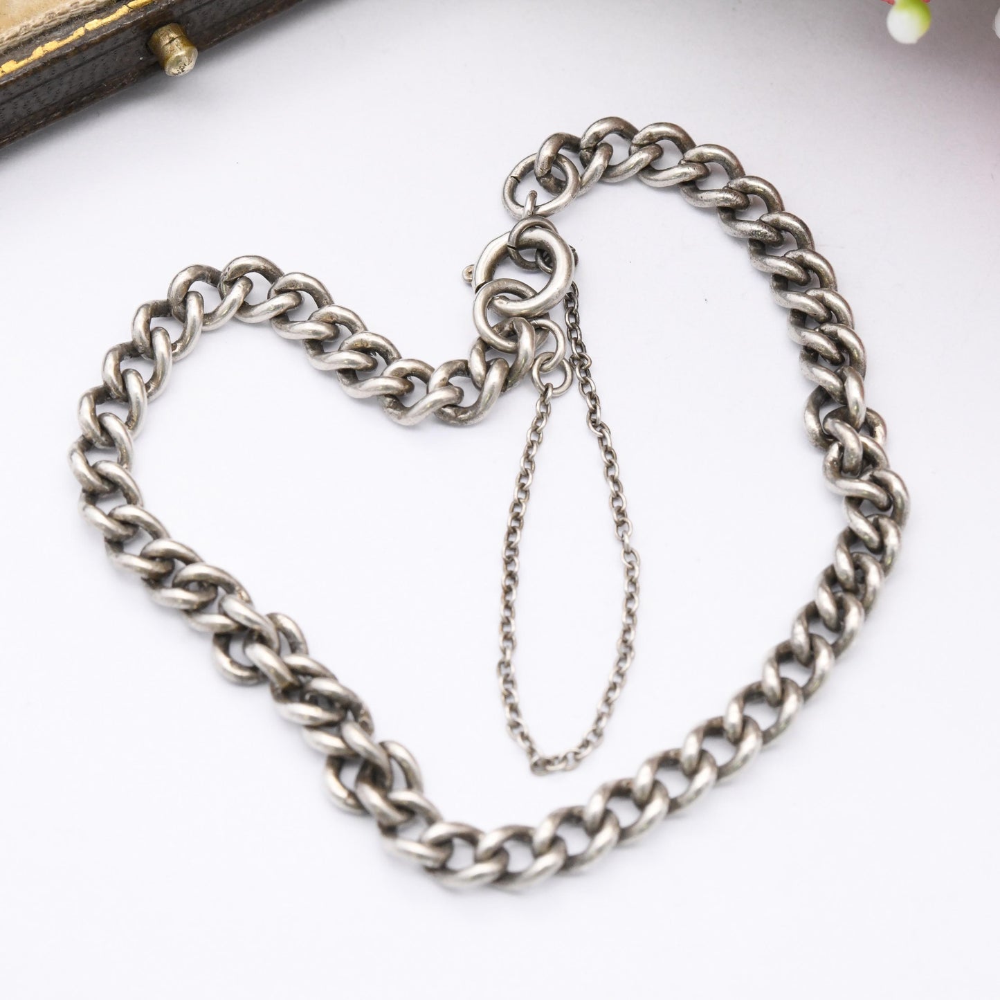 Vintage Sterling Silver Chain Bracelet - Rounded Curb Links | Charm Bracelet with Safety Chain