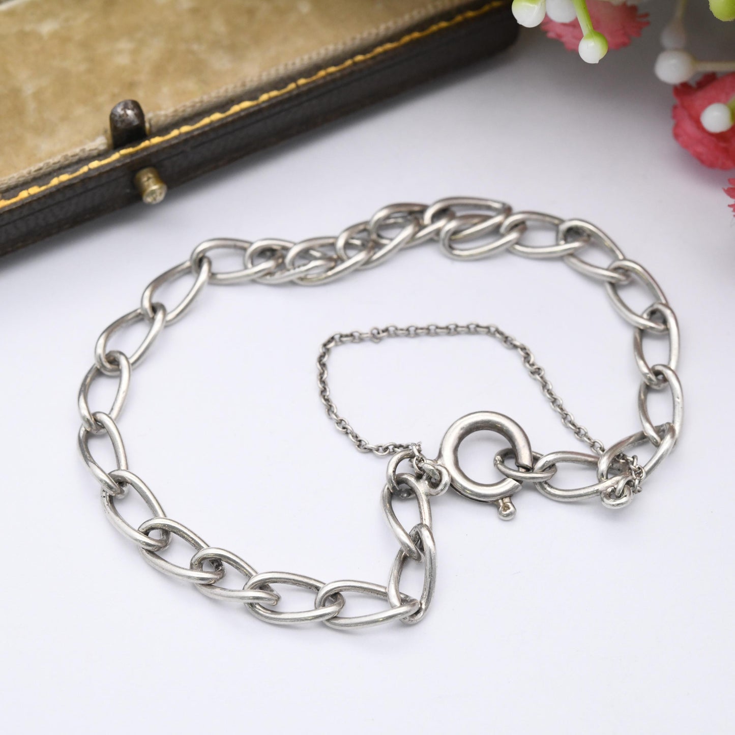 Vintage Sterling Silver Chain Bracelet - Long Rounded Curb Links | Charm Bracelet with Safety Chain