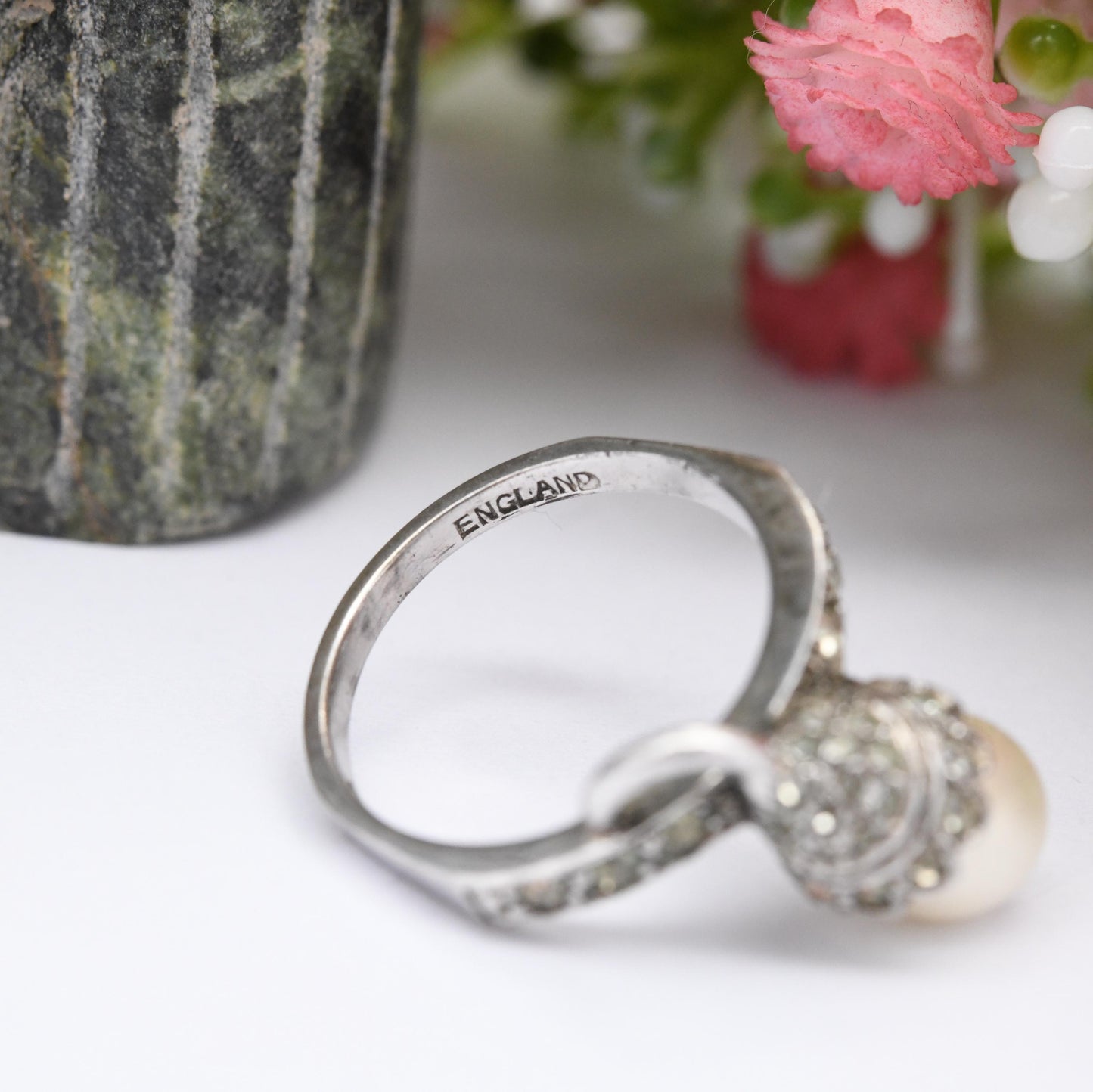 Vintage Art Deco Ciro Sterling Silver Faux Pearl Ring with Paste - SCP Ciro Pearls Crossover Ring | UK Size - L | US Size - 5 3/4