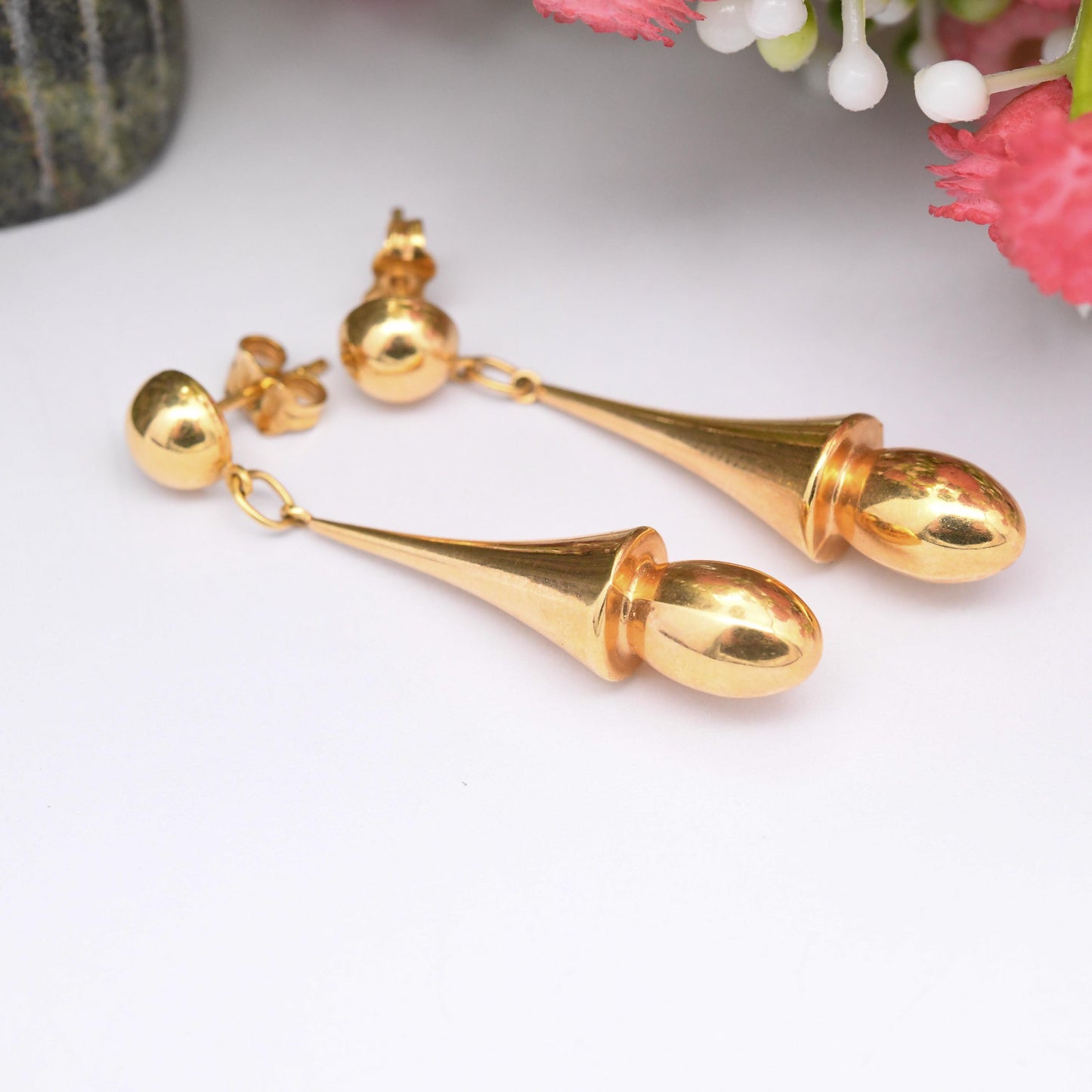Vintage 9ct Gold Dangle Drop Earrings - Unoaerre Italian Design Made in Italy | Minimalist Modernist Chunky Form | Butterfly Backs