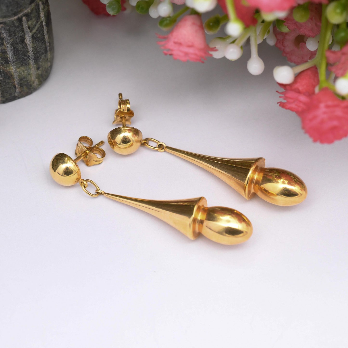 Vintage 9ct Gold Dangle Drop Earrings - Unoaerre Italian Design Made in Italy | Minimalist Modernist Chunky Form | Butterfly Backs