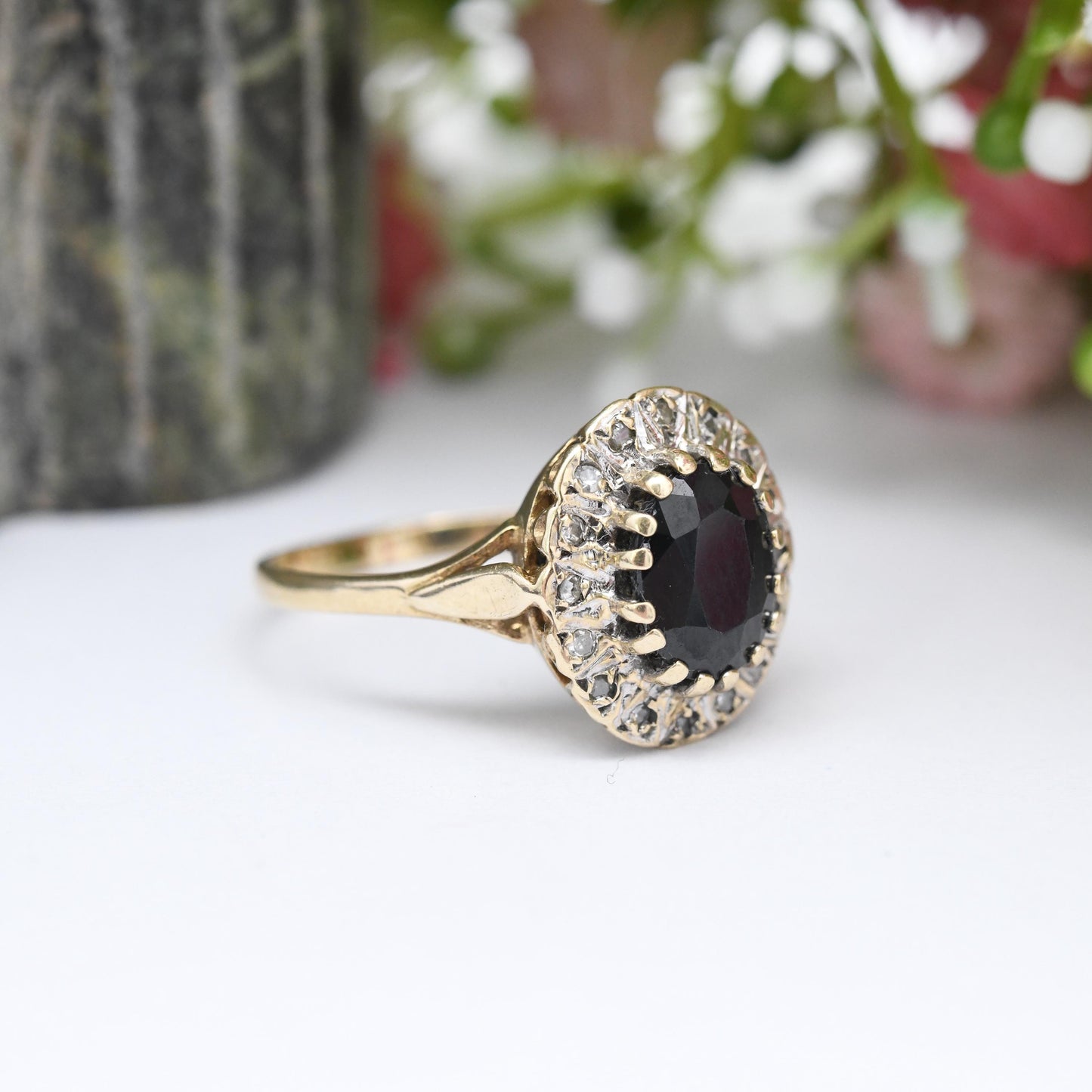 Vintage 9ct Gold Sapphire and Diamond Halo Ring 1994 - Vintage Cocktail Statement Ring | Gift for Her | UK Size - O | US Size - 7 1/4