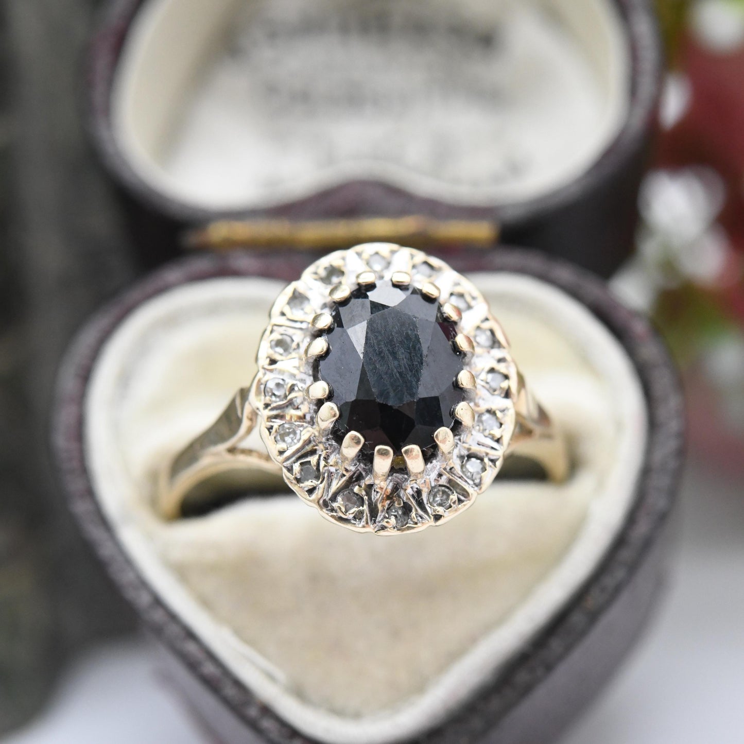 Vintage 9ct Gold Sapphire and Diamond Halo Ring 1994 - Vintage Cocktail Statement Ring | Gift for Her | UK Size - O | US Size - 7 1/4