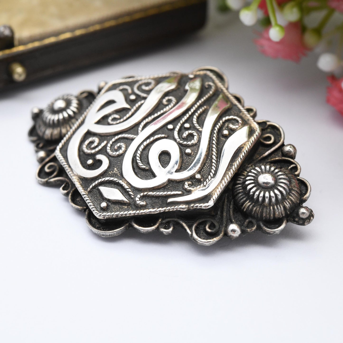 Antique North African Silver Brooch with Arabic Characters Rope Twist Design - with French 800 Silver Stamps Islamic Art Collectable